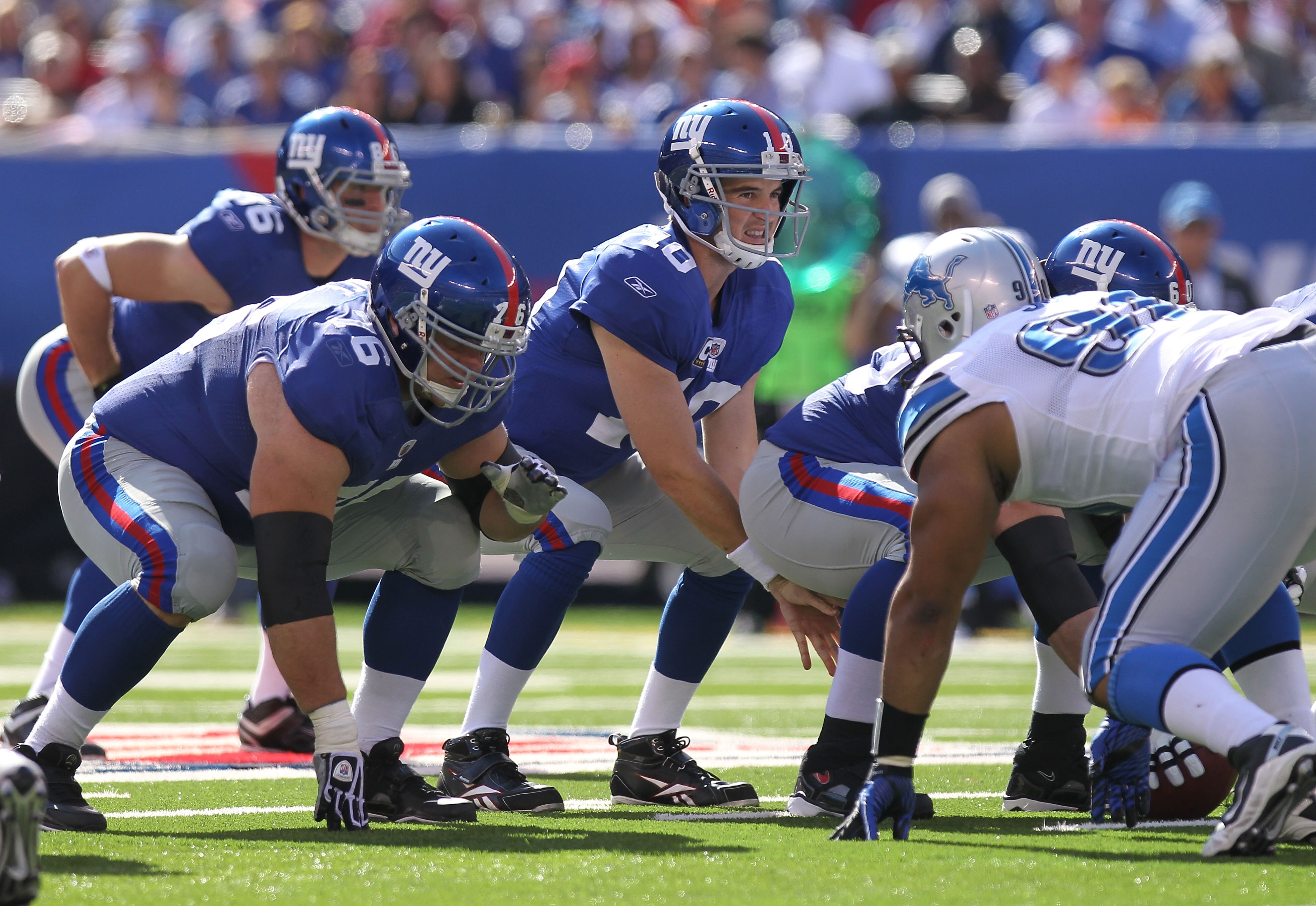 EAST RUTHERFORD, NJ - OCTOBER 17:  Eli Manning #10 of the New York Giants against the Detroit Lions at New Meadowlands Stadium on October 17, 2010 in East Rutherford, New Jersey.  (Photo by Nick Laham/Getty Images)