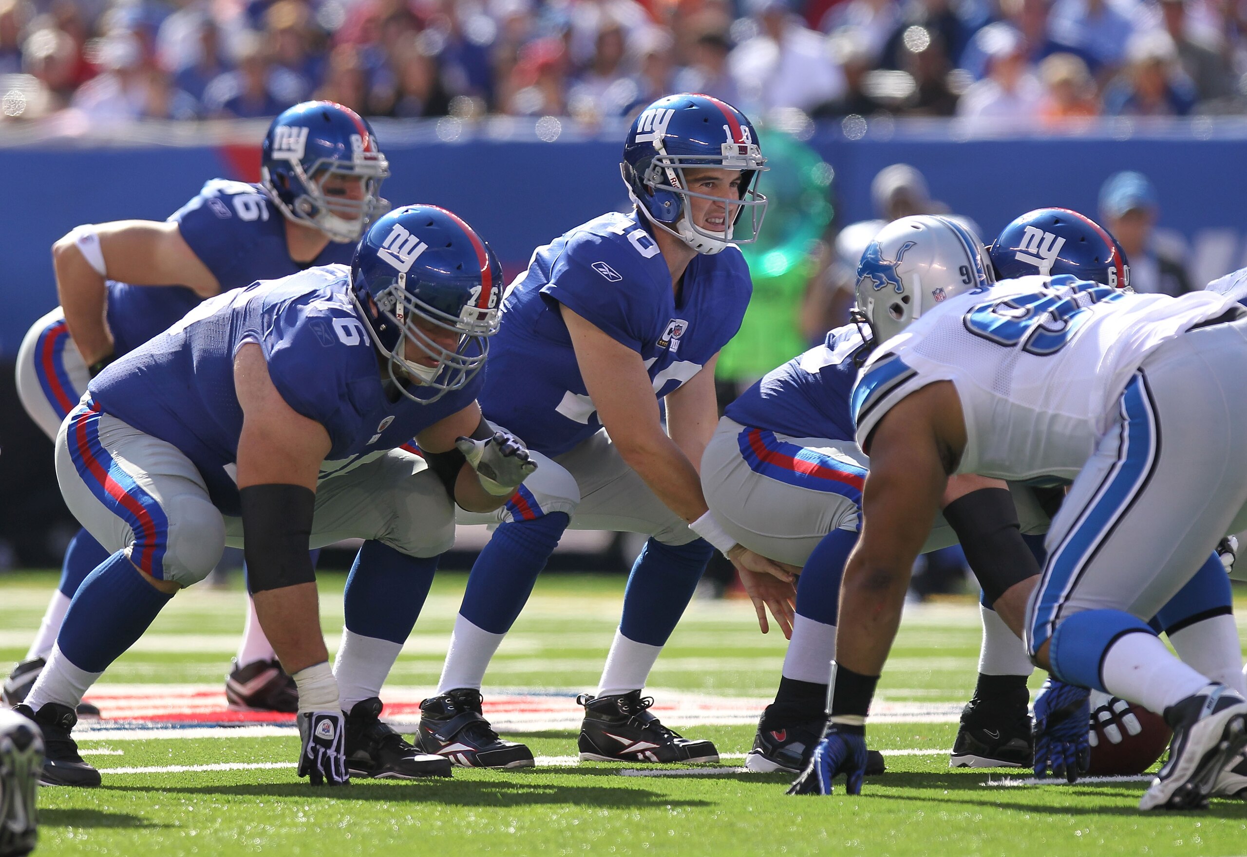 EAST RUTHERFORD, NJ - OCTOBER 17:  Eli Manning #10 of the New York Giants against the Detroit Lions at New Meadowlands Stadium on October 17, 2010 in East Rutherford, New Jersey.  (Photo by Nick Laham/Getty Images)