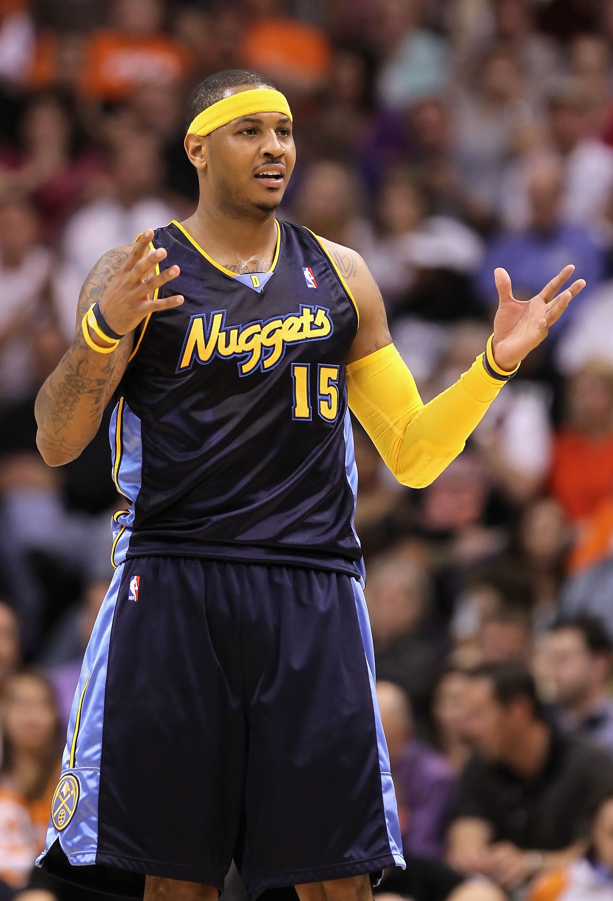 PHOENIX - APRIL 13:  Carmelo Anthony #15 of the Denver Nuggets reacts during the NBA game against the Phoenix Suns at US Airways Center on April 13, 2010 in Phoenix, Arizona. The Suns defeated the Nuggets 123-101.  NOTE TO USER: User expressly acknowledge