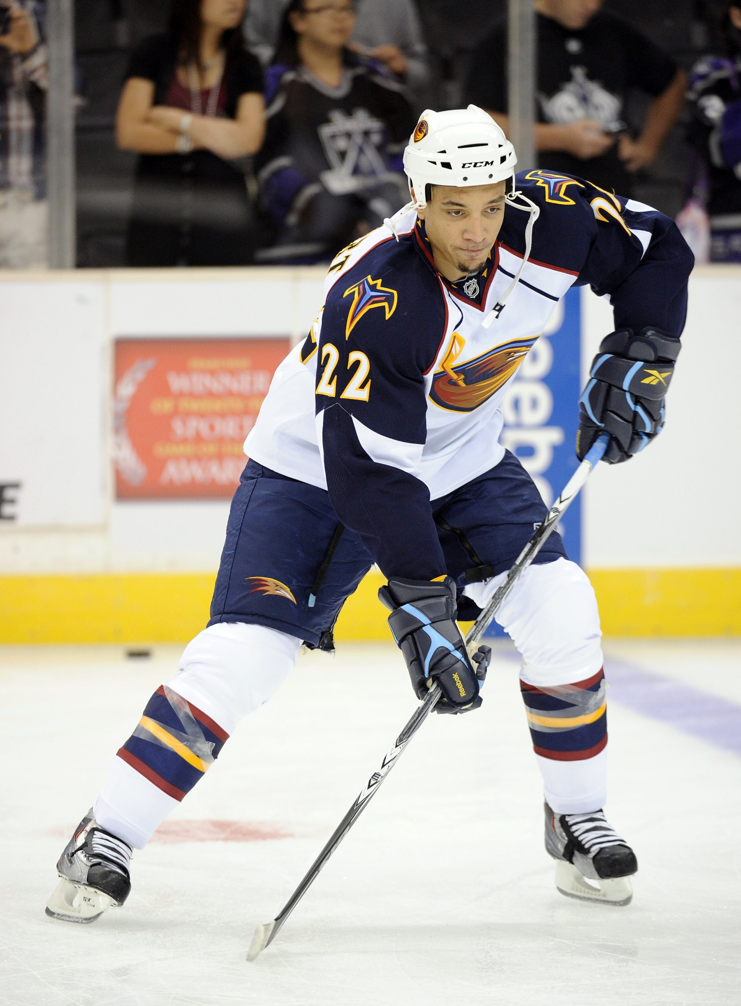 LOS ANGELES, CA - OCTOBER 12:  Anthony Stewart #22  of the Atlanta Thrashers warms up before the game against the Los Angeles Kings at the Staples Center on October 12, 2010 in Los Angeles, California.  (Photo by Harry How/Getty Images)