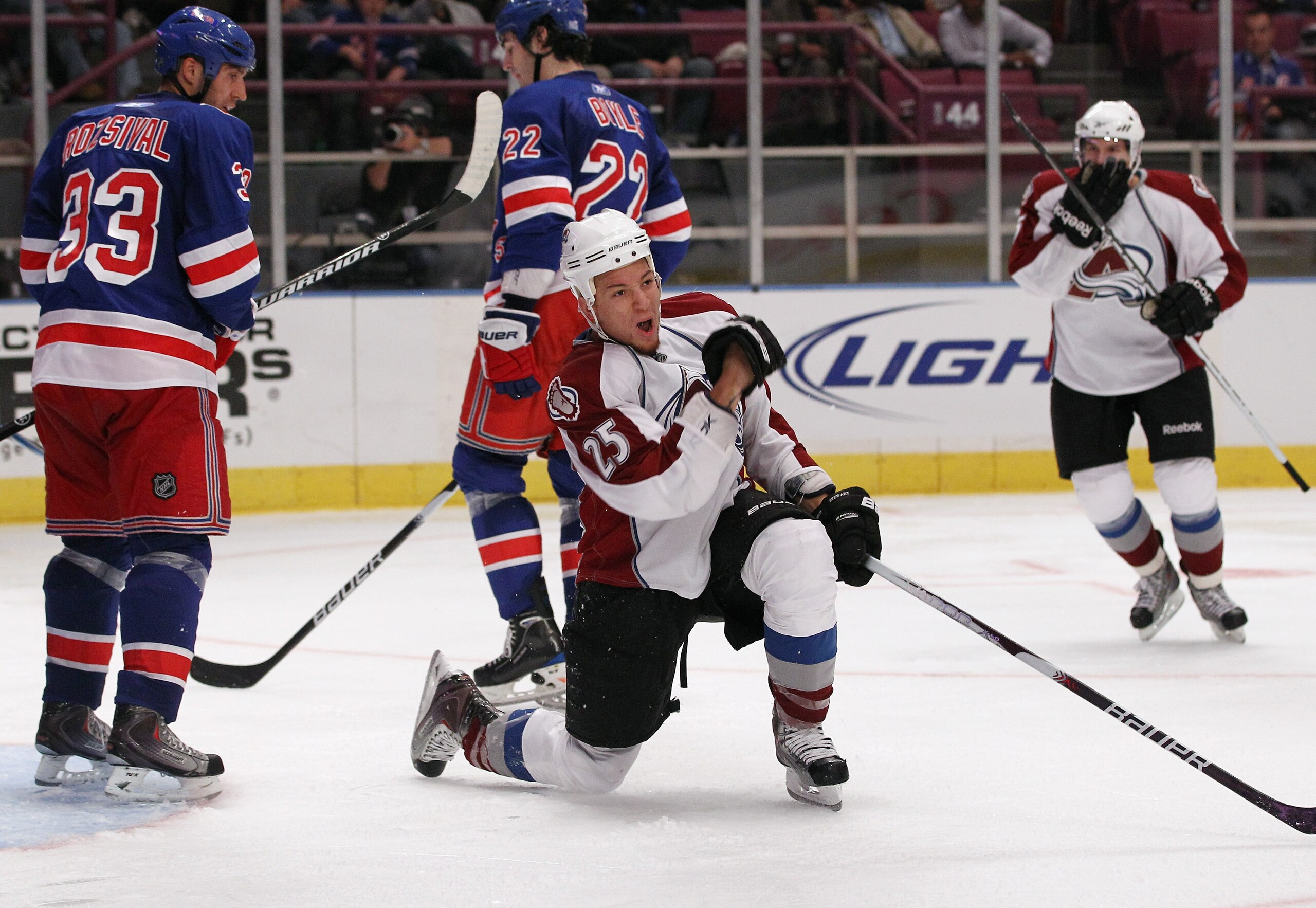 NEW YORK - OCTOBER 18:  Chris Stewart #25 of the Colorado Avalanche scores a the game winning power play goal at 7:20 of the third period against the New York Rangers at Madison Square Garden on October 18, 2010 in New York City. The Avalanche defeated th