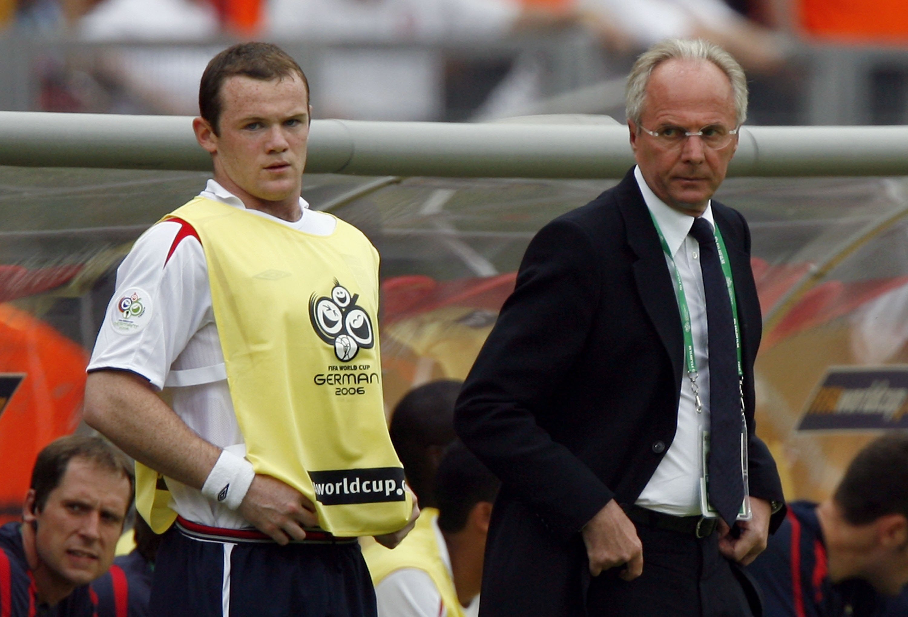 NUREMBERG, GERMANY - JUNE 15:  Sven Goran Eriksson (R) the coach of England, looks at Wayne Rooney (L) of England, as he prepares to make his first appearance of the World Cup, by coming on as a second half substitute for Michael Owen during the FIFA Worl