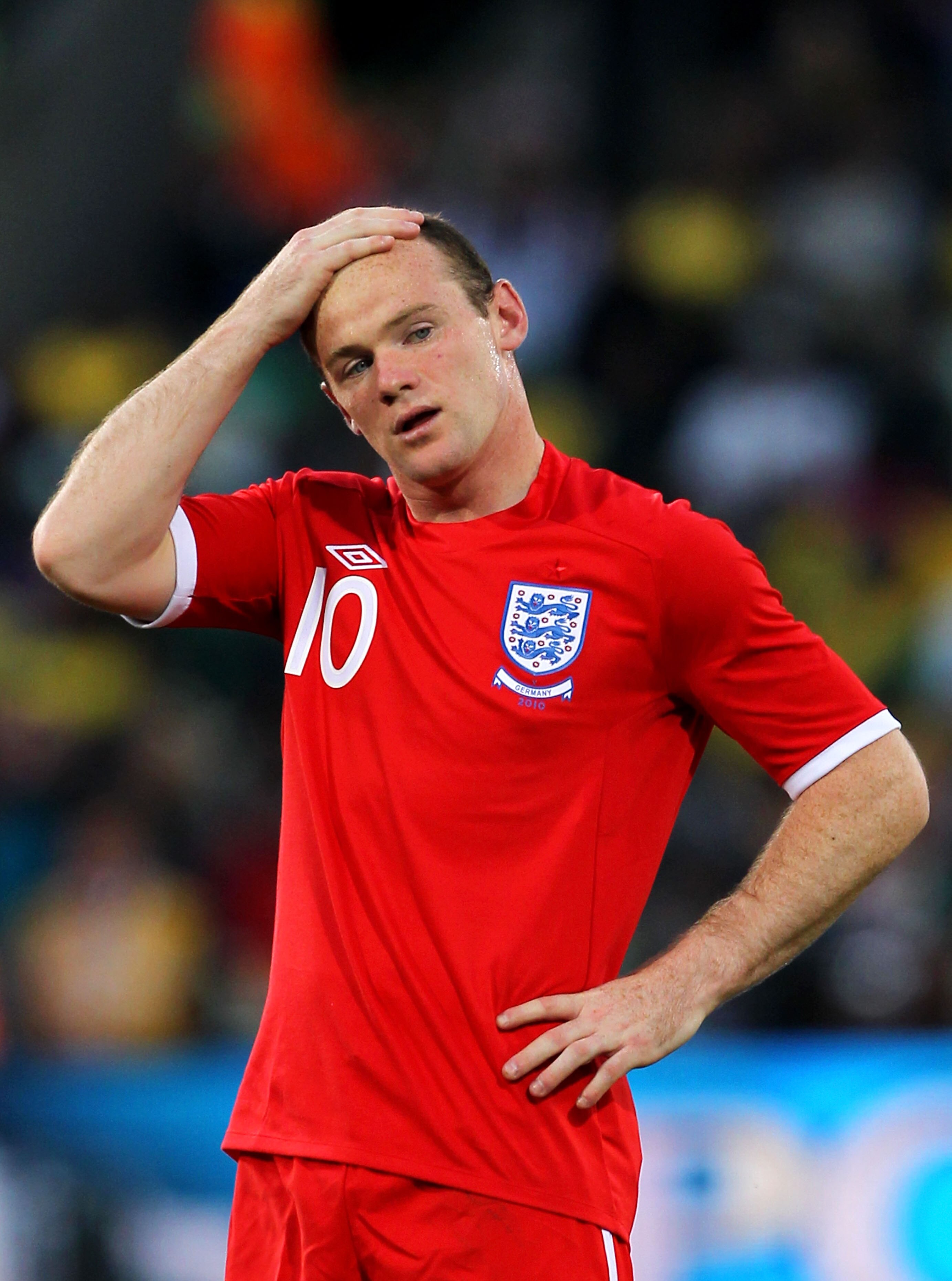 BLOEMFONTEIN, SOUTH AFRICA - JUNE 27:  Wayne Rooney of England reacts during the 2010 FIFA World Cup South Africa Round of Sixteen match between Germany and England at Free State Stadium on June 27, 2010 in Bloemfontein, South Africa.  (Photo by Clive Ros