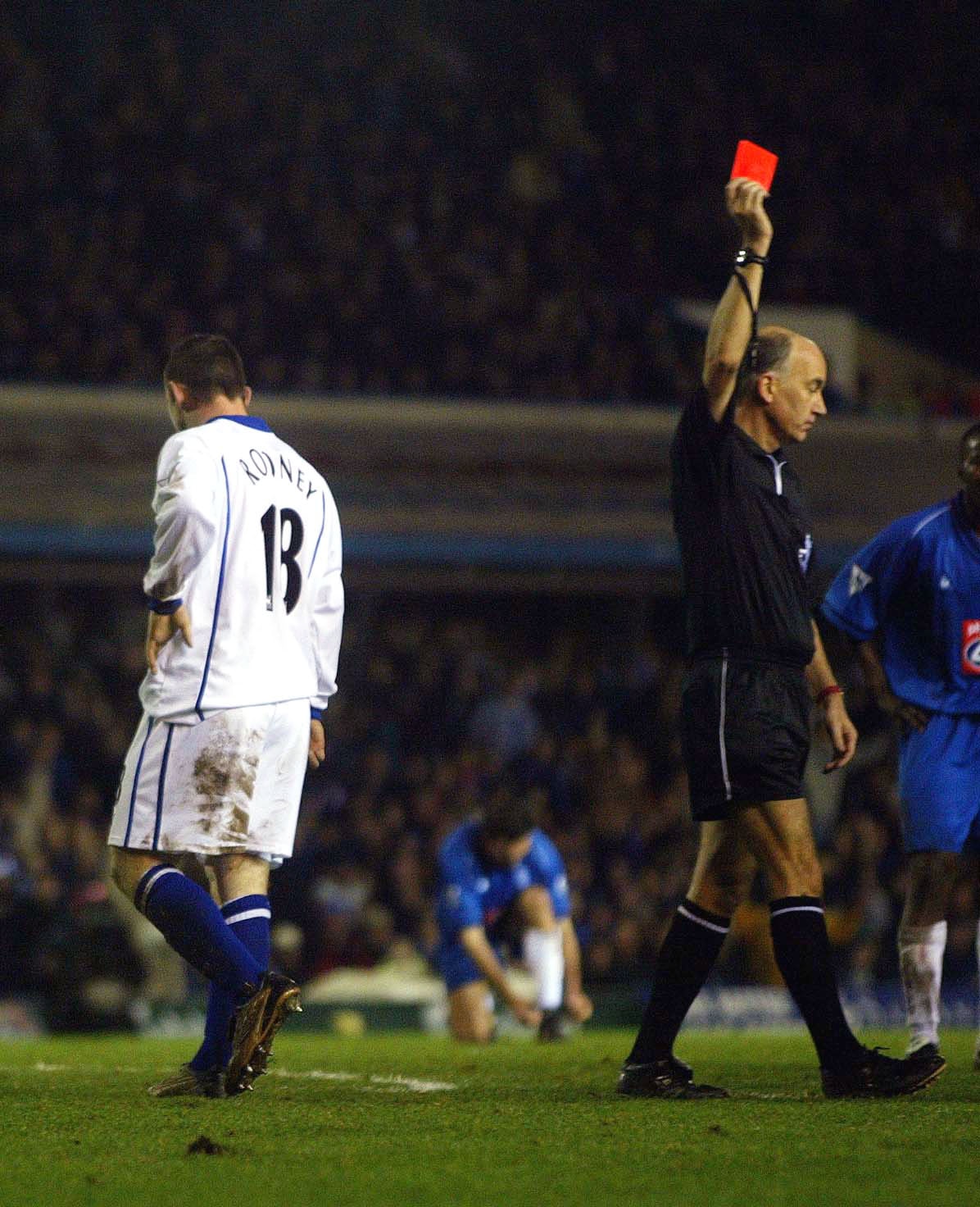 BIRMINGHAM - DECEMBER 26:  Wayne Rooney of Everton is shown the red card after a foul on Steve Vickers during the Birmingham City v Everton FA Barclaycard Premiership match played at St. Andrews on December 26, 2002 in Birmingham, England. (Photo by Mike 