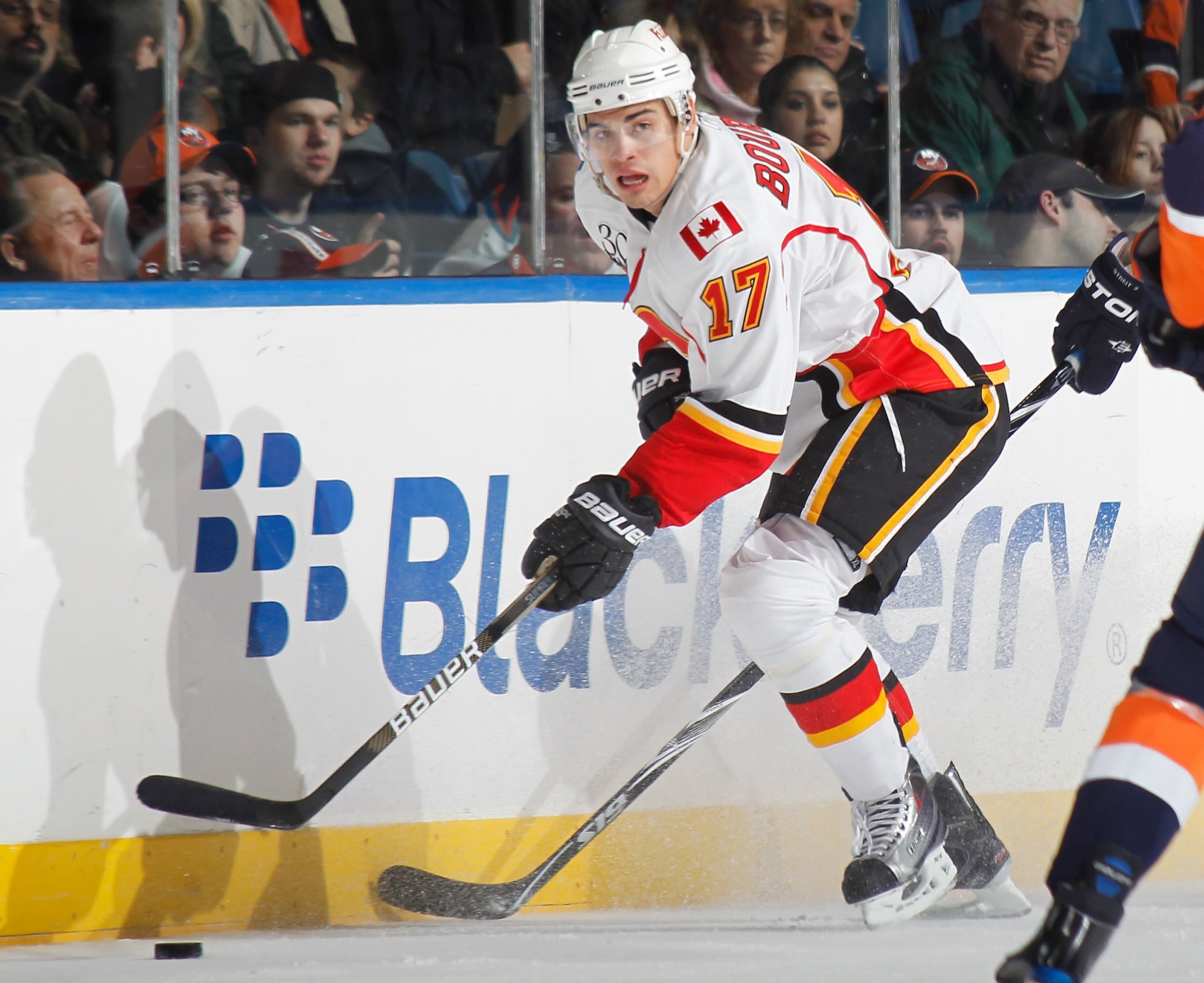 UNIONDALE, NY - MARCH 25:  Forward Rene Bourque #17 of the Calgary Flames skates against the New York Islanders during an NHL game at the Nassau Coliseum on March 25, 2010 in Uniondale, New York.  (Photo by Paul Bereswill/Getty Images)