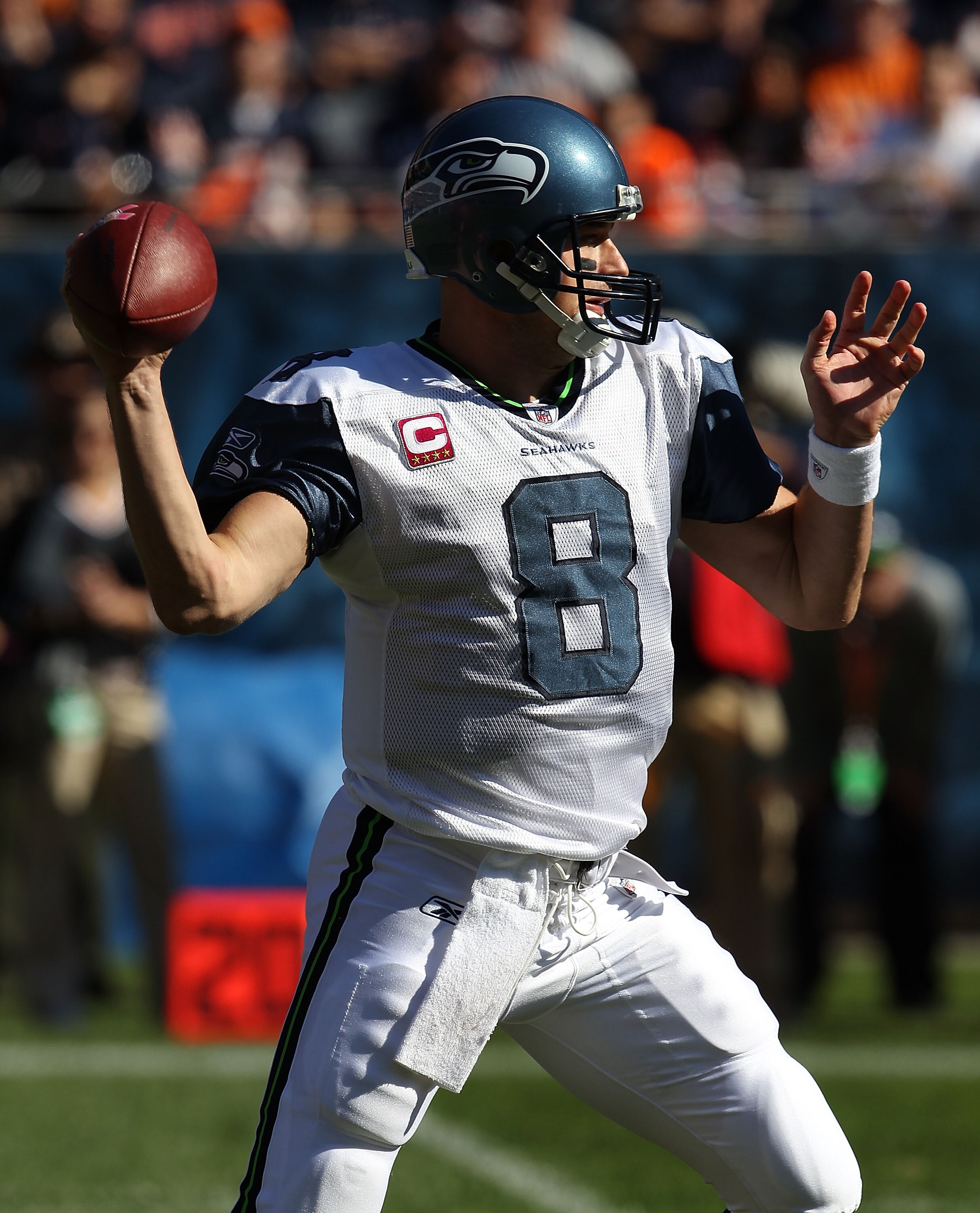 CHICAGO - OCTOBER 17: Matt Hasselbeck #8 of the Seattle Seahawks throws a pass against the Chicago Bears at Soldier Field on October 17, 2010 in Chicago, Illinois. The Seahawks defeated the Bears 23-20. (Photo by Jonathan Daniel/Getty Images)