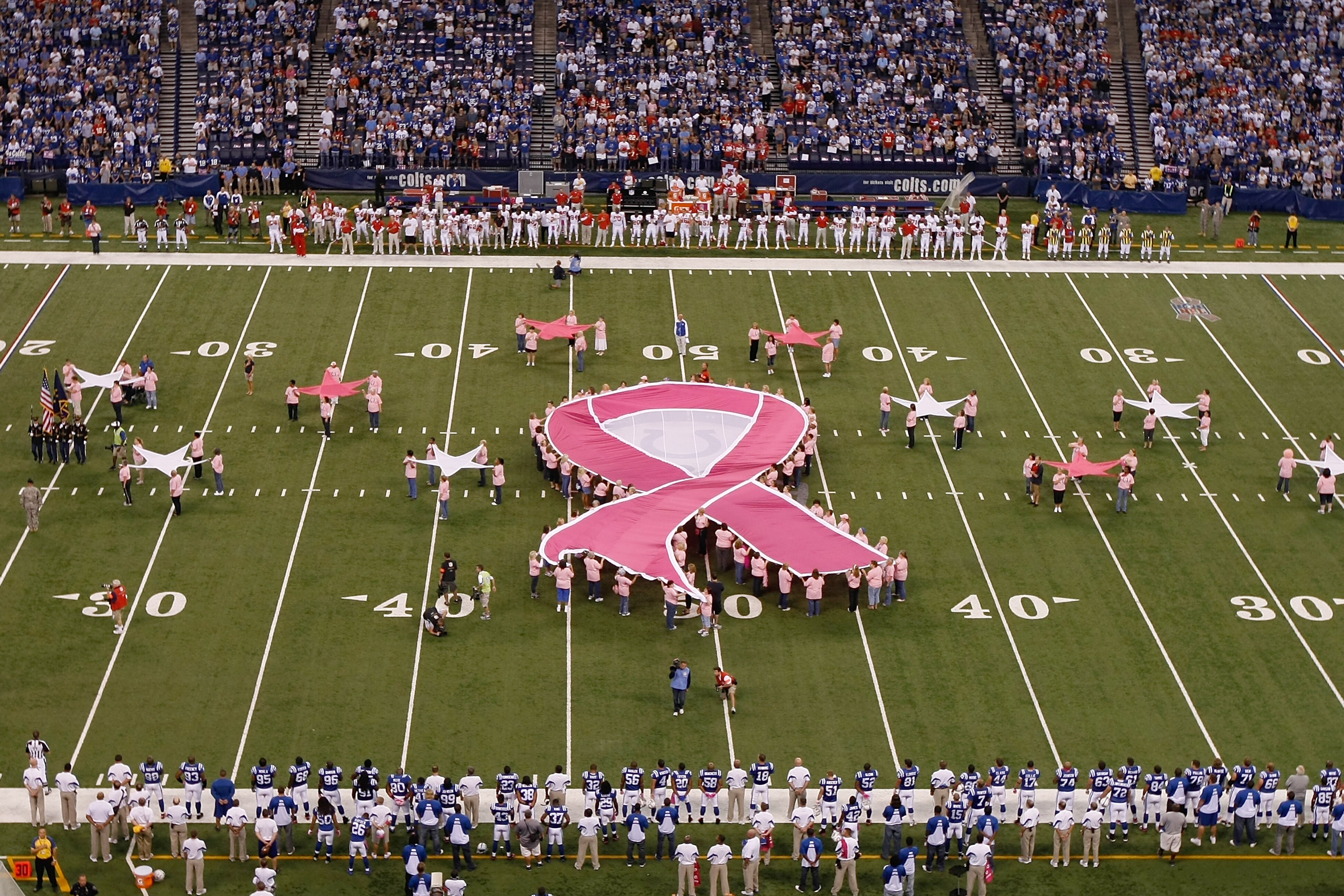 INDIANAPOLIS, IN - OCTOBER 10: A Breast Cancer Awareness banner is displayed prior to the game between the Kansas City Chiefs against the Indianapolis Colts at Lucas Oil Stadium on October 10, 2010 in Indianapolis, Indiana.  (Photo by Scott Boehm/Getty Im