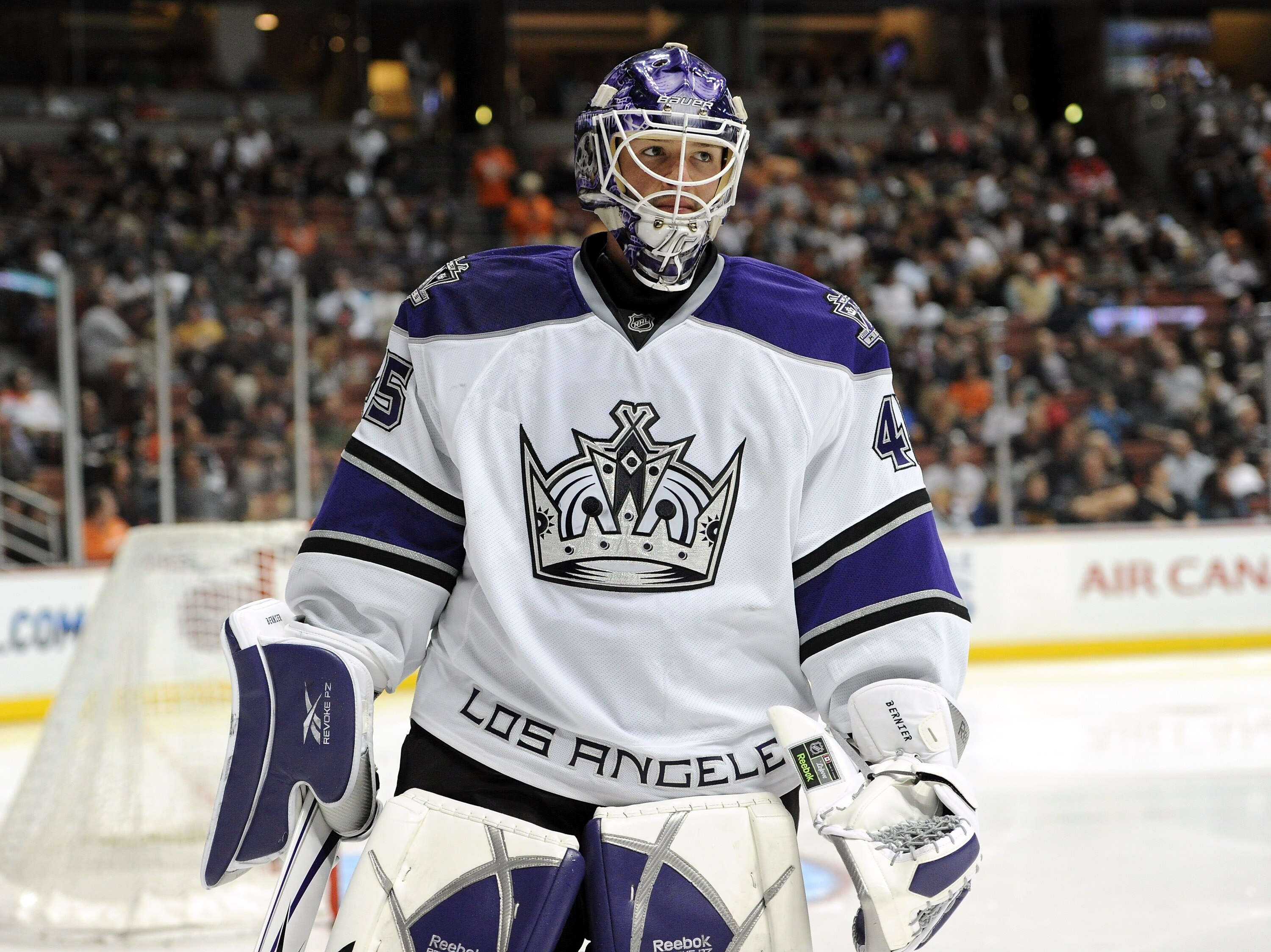 ANAHEIM, CA - OCTOBER 03:  Jonathan Bernier #45 of the Los Angeles Kings takes a break against the Anaheim Ducks at Honda Center on October 3, 2010 in Anaheim, California.  (Photo by Harry How/Getty Images)