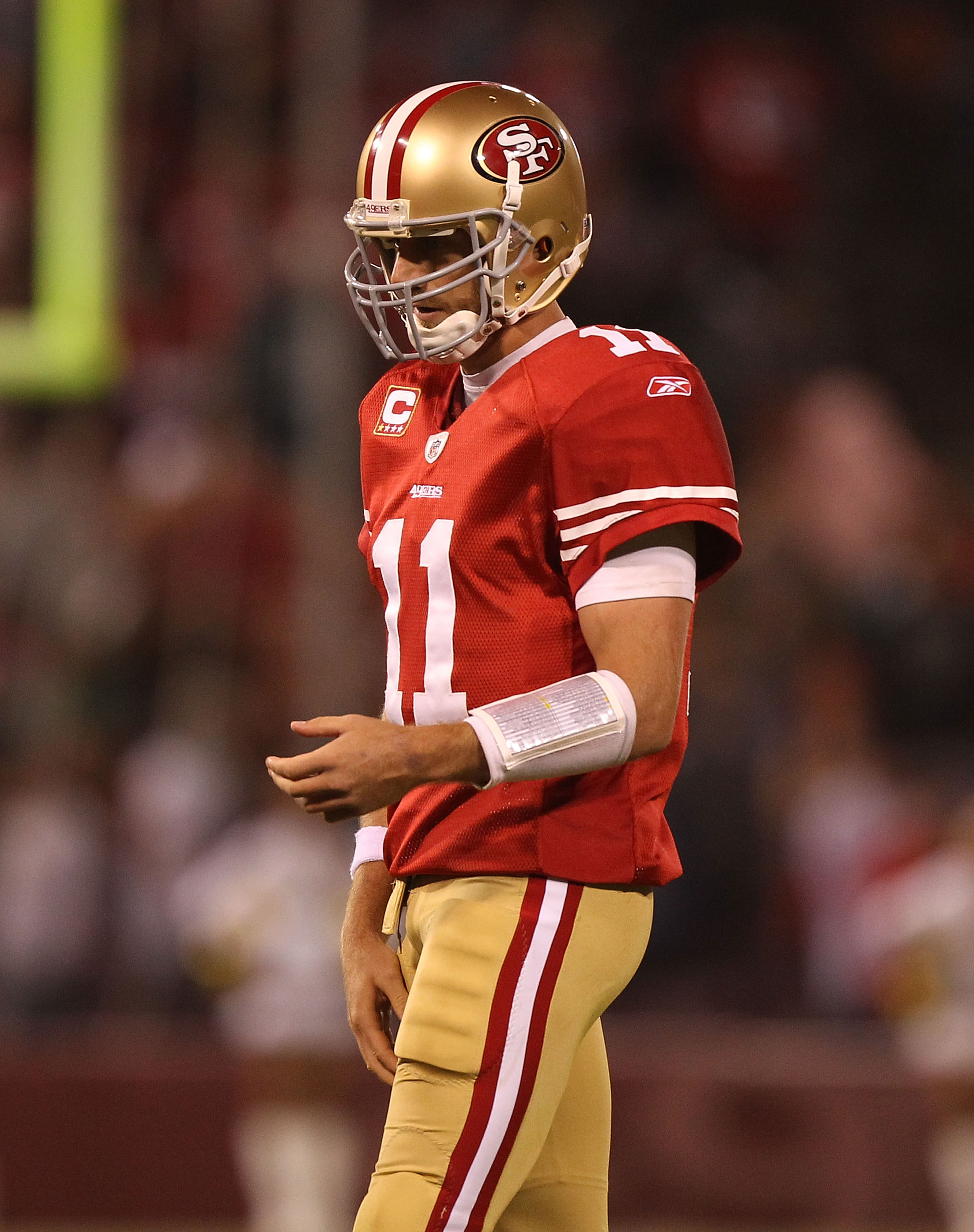 SAN FRANCISCO - OCTOBER 10:  Alex Smith #11 of the San Francisco 49ers looks on against the Philadelphia Eagles during an NFL game at Candlestick Park on October 10, 2010 in San Francisco, California.  (Photo by Jed Jacobsohn/Getty Images)