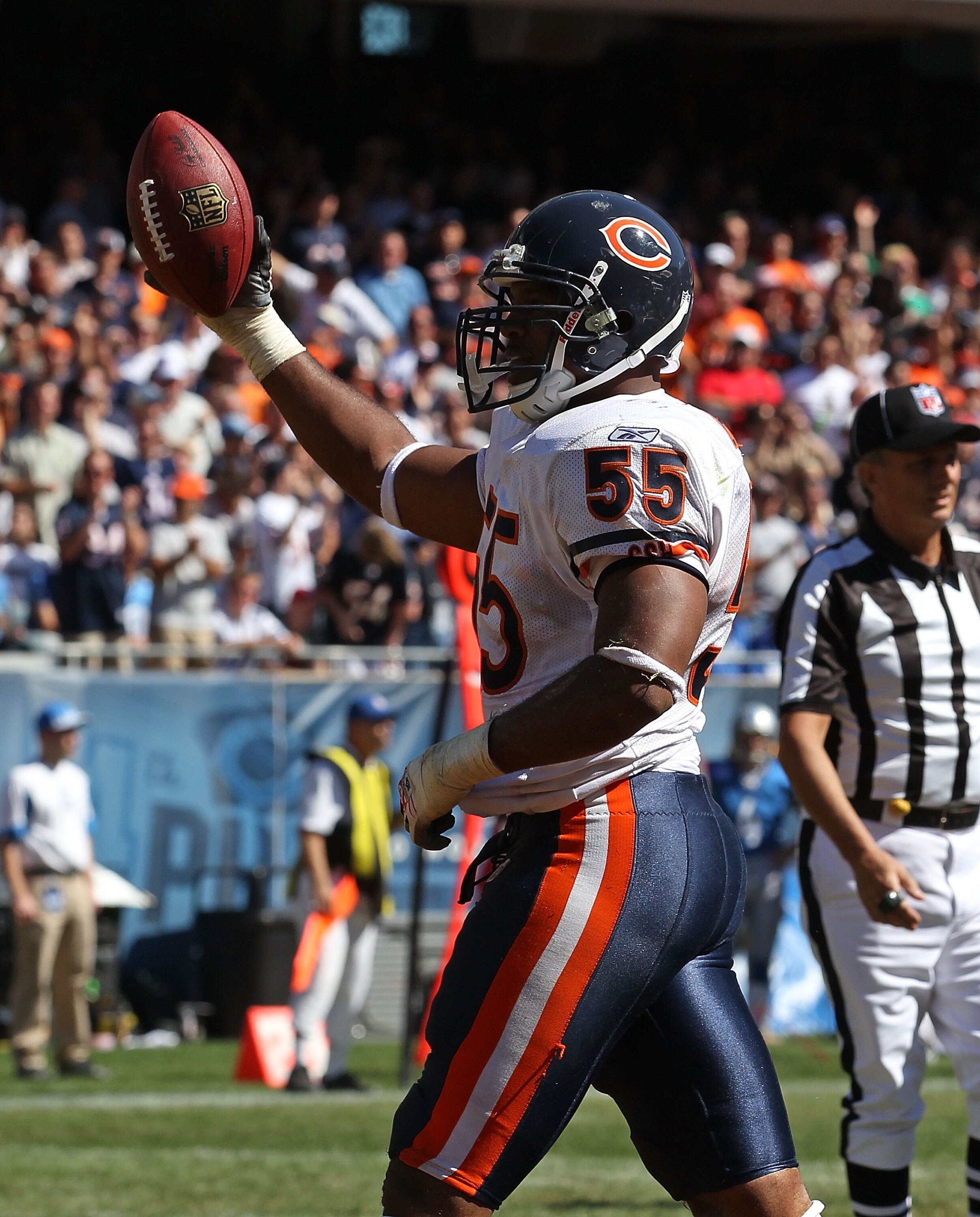 CHICAGO - SEPTEMBER 12: Lance Briggs #55 of the Chicago Bears celebrates a turn-over during the NFL season opening game against the Detroit Lions at Soldier Field on September 12, 2010 in Chicago, Illinois. The Bears defeated the Lions 19-14. (Photo by Jo