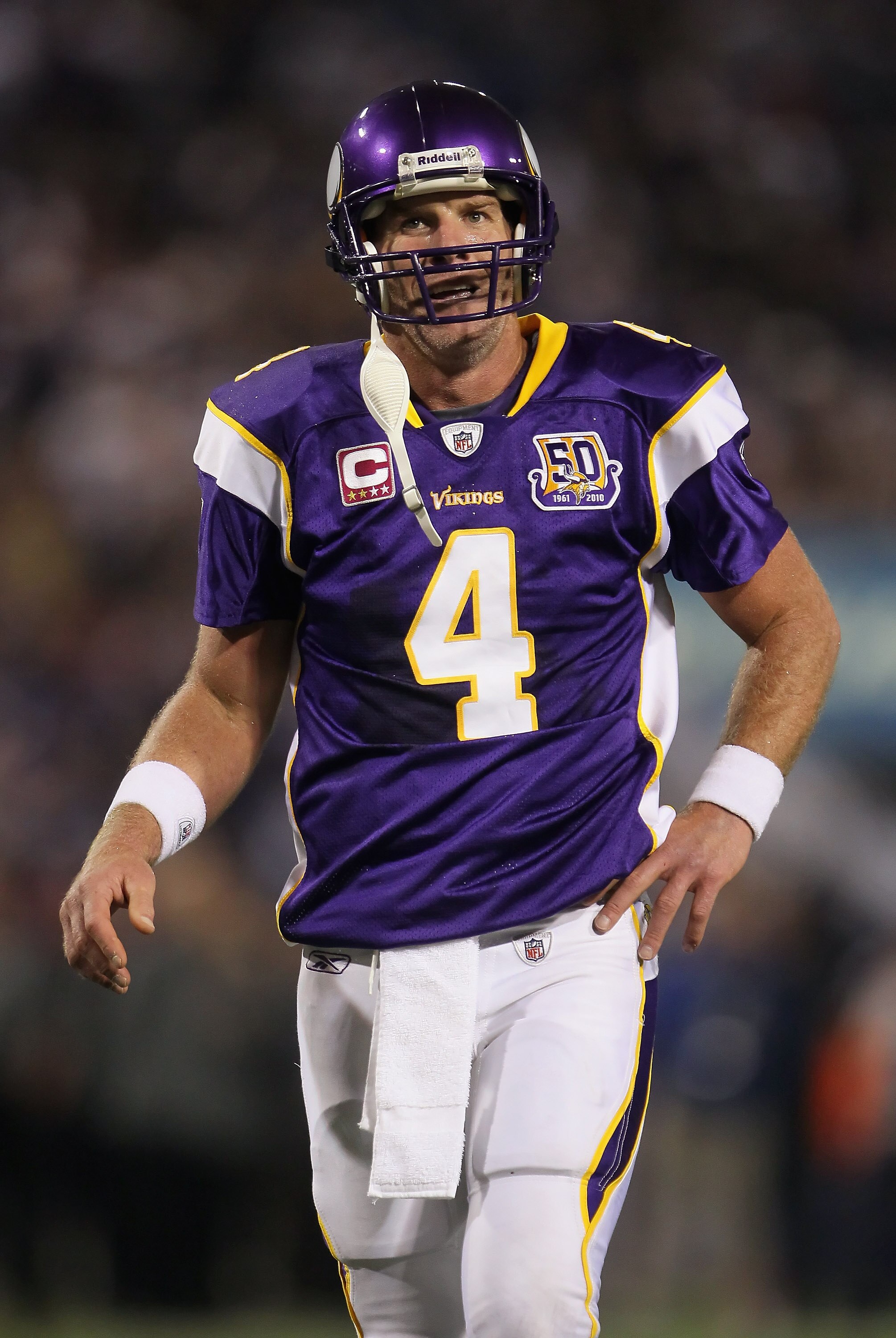 MINNEAPOLIS - OCTOBER 17:  Quarterback Brett Favre #4 of the Minnesota Vikings looks on during the game against the Dallas Cowboys at Mall of America Field on October 17, 2010 in Minneapolis, Minnesota. The Vikings defeated the Cowboys 24-21.  (Photo by J
