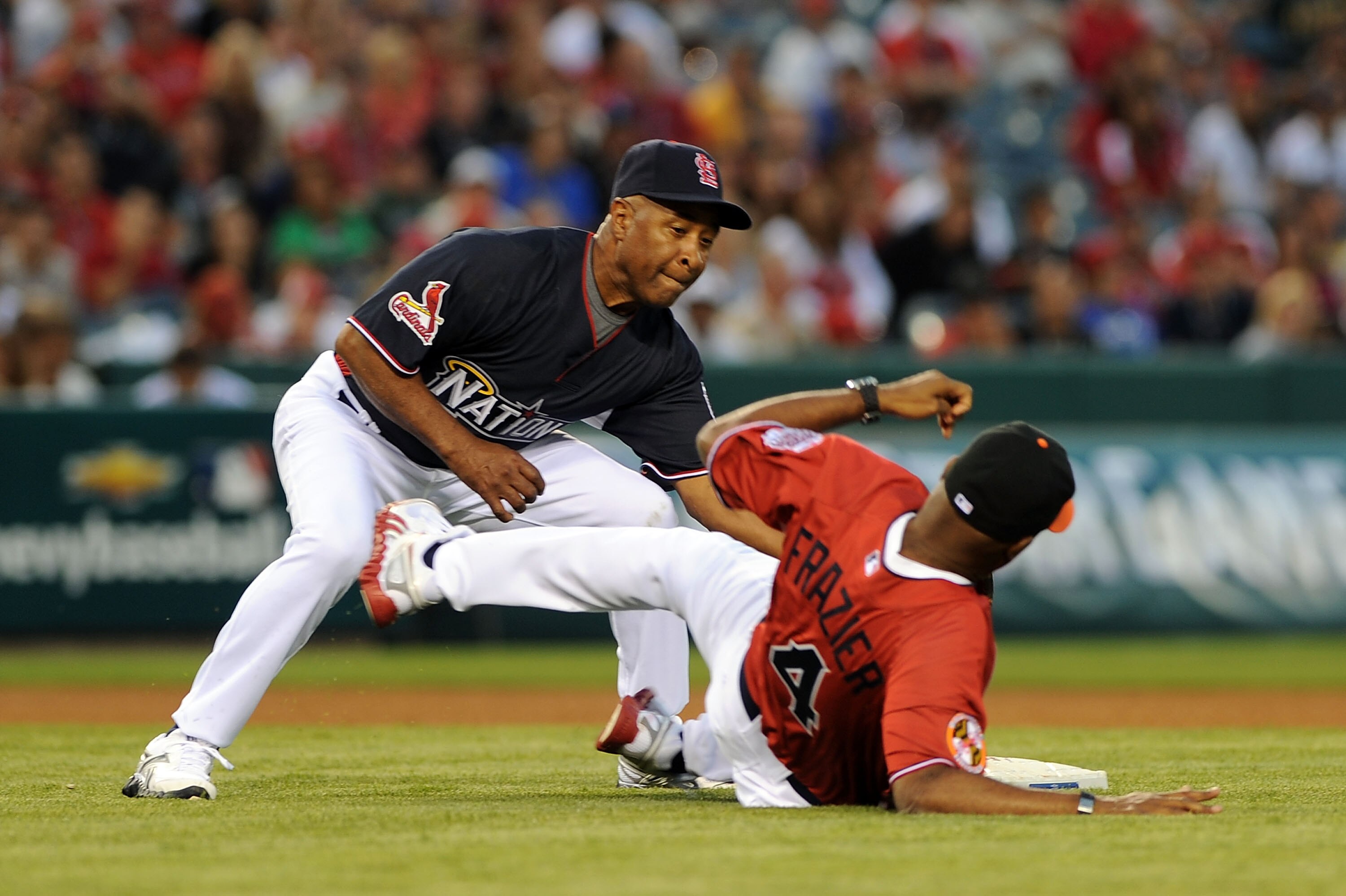 ANAHEIM, CA - JULY 11:  Former MLB player Ozzie Smith and TV personality Kevin Frazier during the MLB All Star Game Celebrity Softball Game at Angels Stadium of Anaheim on July 11, 2010 in Anaheim, California.  (Photo by Michael Buckner/Getty Images)
