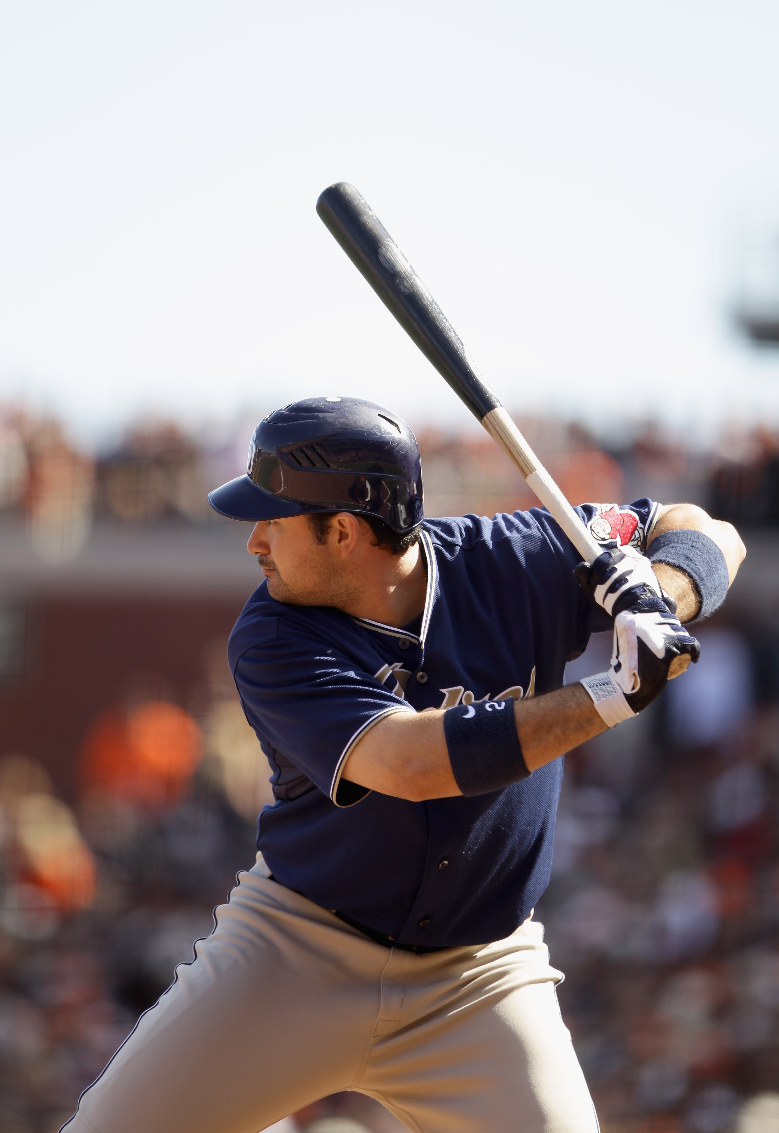 SAN FRANCISCO - OCTOBER 03:  Adrian Gonzalez #23 of the San Diego Padres bats against the San Francisco Giants at AT&T Park on October 3, 2010 in San Francisco, California.  (Photo by Ezra Shaw/Getty Images)
