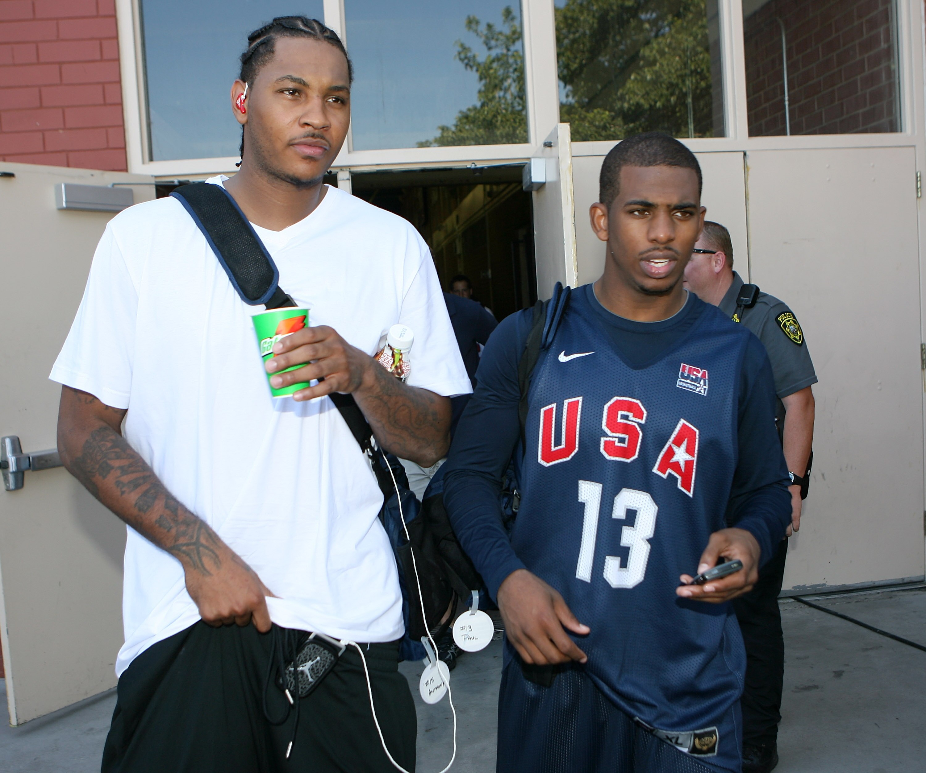 LAS VEGAS - JULY 23:  Carmelo Anthony #15 and Chris Paul #13 of the USA Basketball Men's Senior National Team leave a practice at Valley High School June 23, 2008 in Las Vegas, Nevada.  (Photo by Ethan Miller/Getty Images)