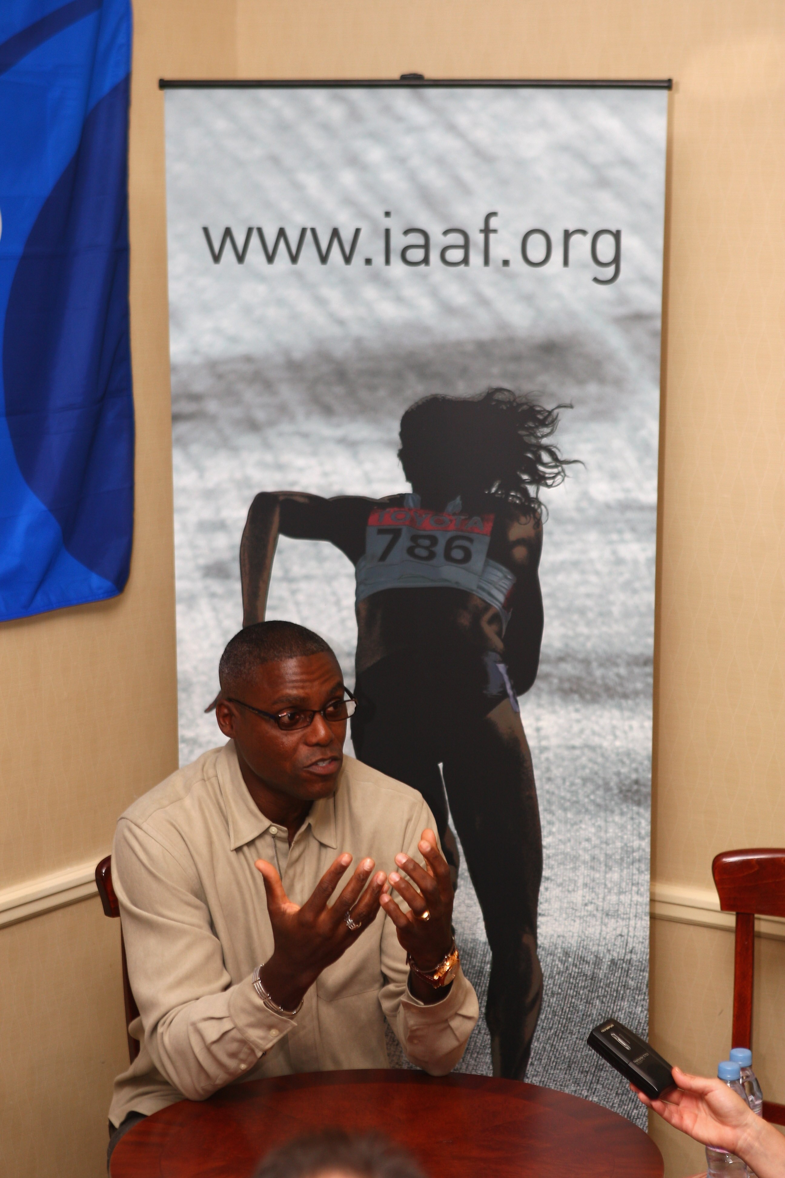 MONTE CARLO, MONACO - NOVEMBER 25:  Carl Lewis of USA holds a press interview prior to the IAAF World Athletics Gala at the Sporting Club November 25, 2007 in Monte Carlo, Monaco.  (Photo by Michael Steele/Getty Images)