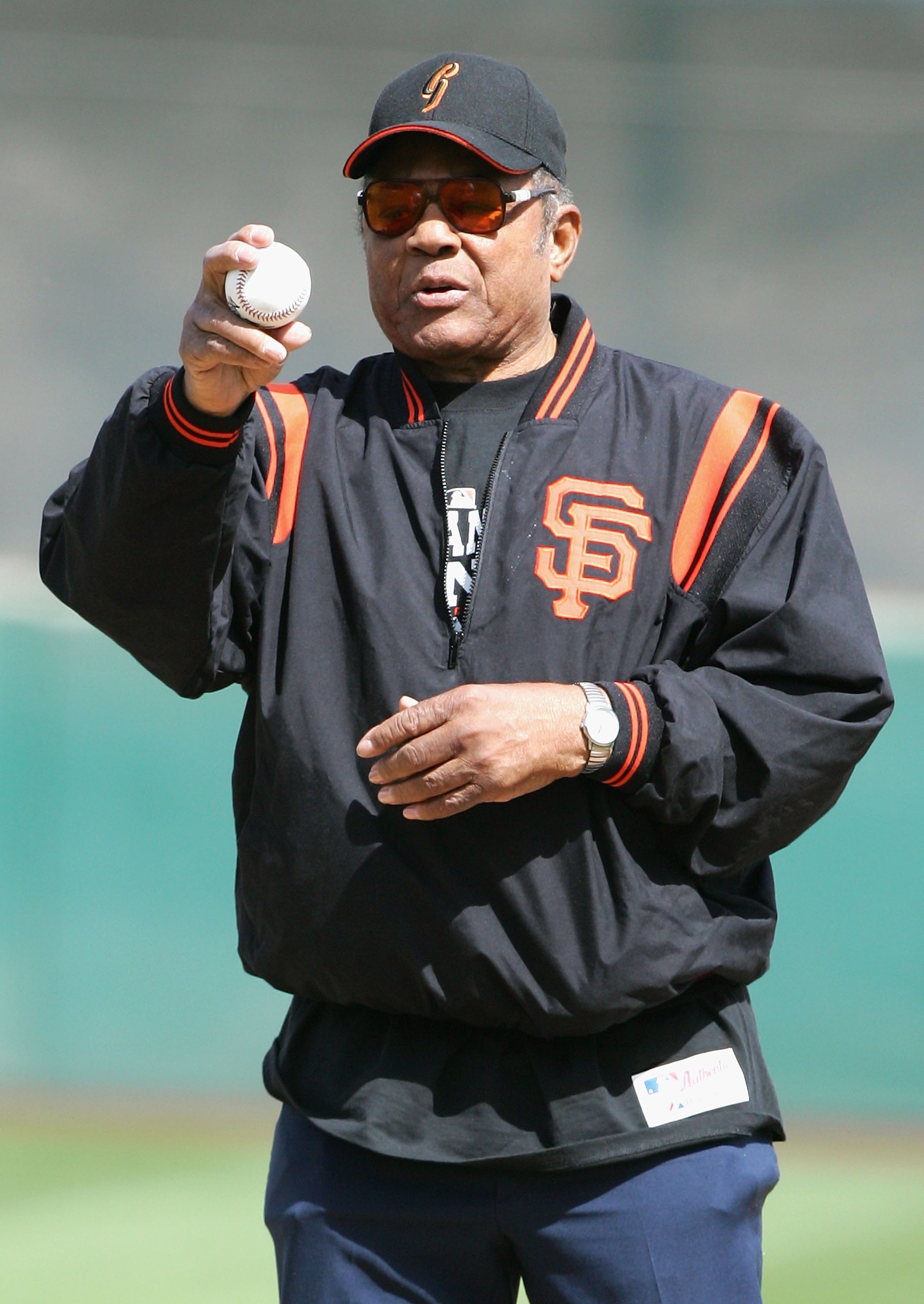 SCOTTSDALE, AZ - MARCH 10:  Hall of Famer Willie Mays of the San Francisco Giants throws out the first pitch before the Round 1 Pool B Game of the World Baseball Classic between Team USA and Team South Africa at Scottsdale Stadium on March 10, 2006 in Sco
