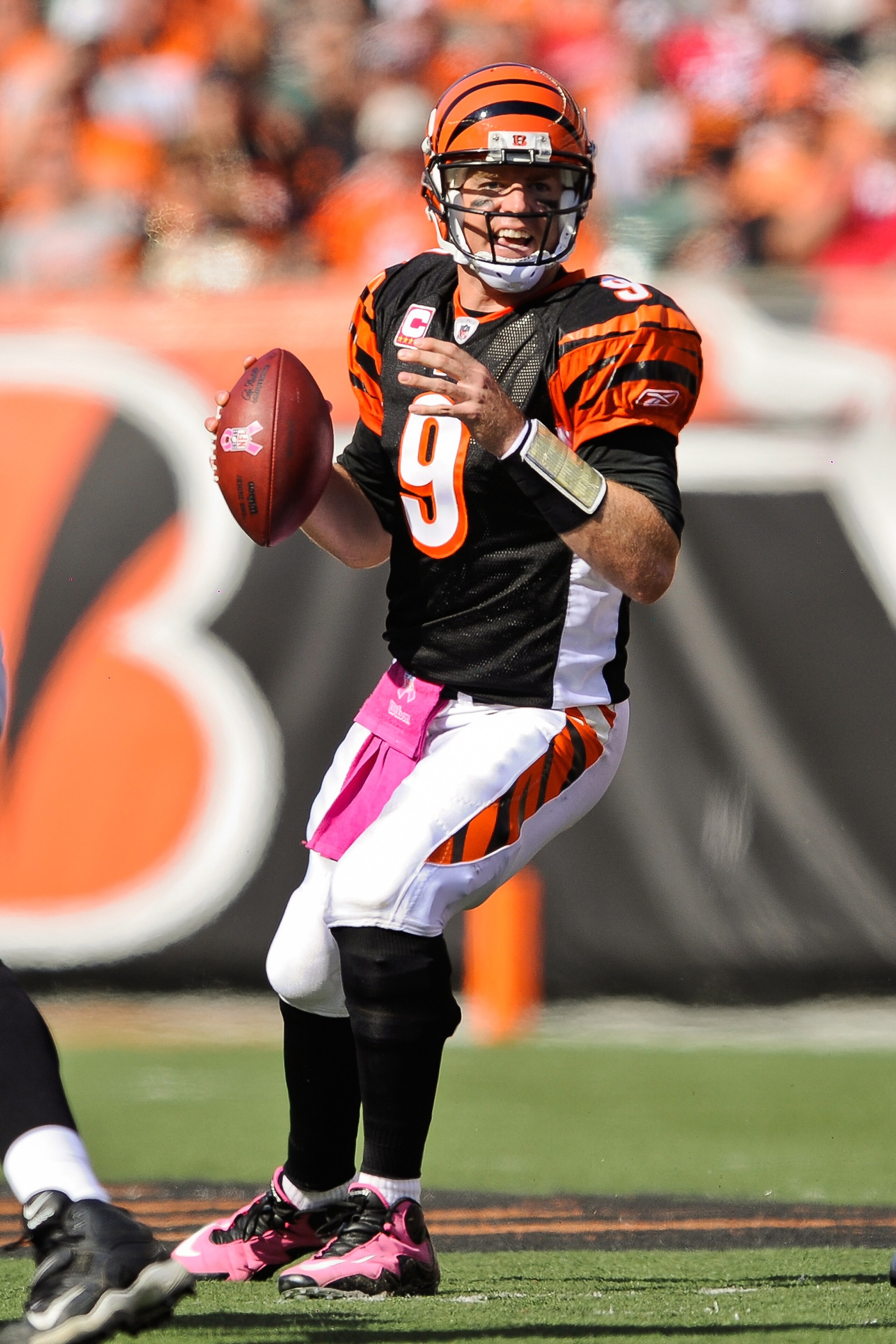 CINCINNATI, OH - OCTOBER 10: Quarterback Carson Palmer #9 of the Cincinnati Bengals sets up to throw against the Tampa Bay Buccaneers at Paul Brown Stadium on October 10, 2010 in Cincinnati, Ohio. (Photo by Jamie Sabau/Getty Images)