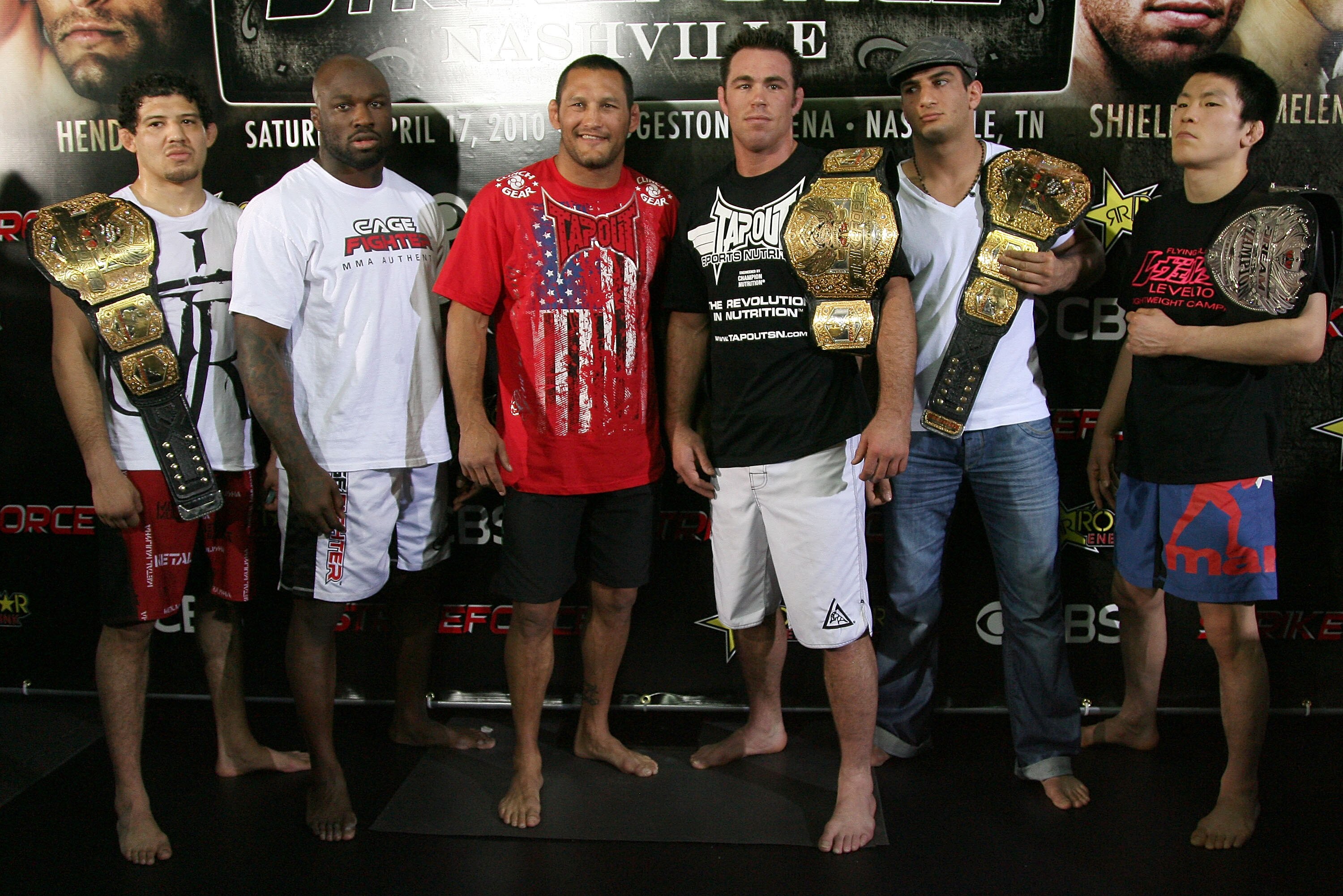 HOLLYWOOD - MARCH 17:  (L-R)  Strikeforce World Lightweight Champion Gilbert 'El Nino' Melendez, Undefeated Light Heavyweight contender 'King Mo' Lawal, Legendary MMA Superstar, two time Olympic Wrestler Dan Henderson, Strikeforce World Middleweight Champ