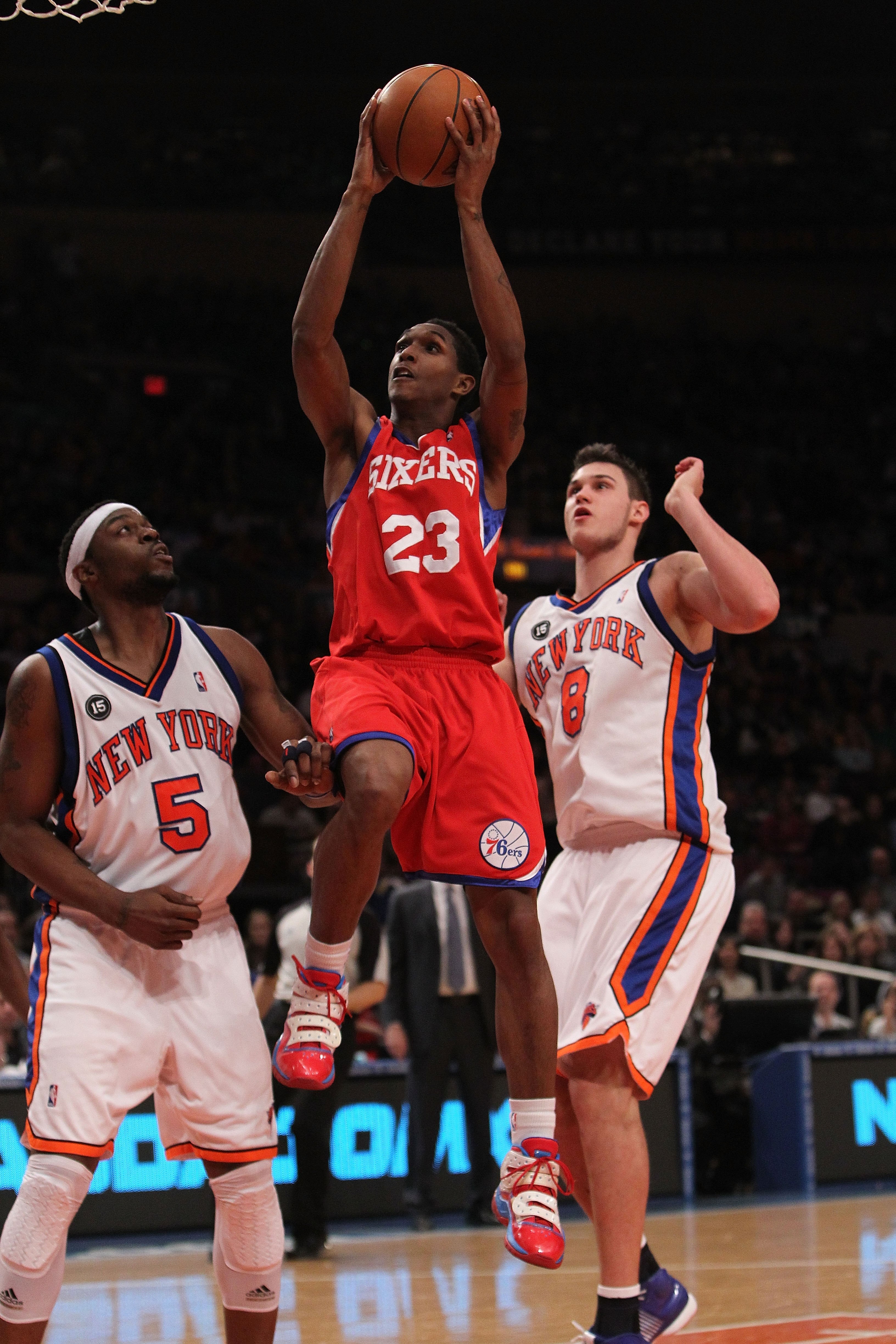 NEW YORK - MARCH 19:  Louis Williams #23 of the Philadelphia 76ers   against the New York Knicks at Madison Square Garden on March 19, 2010 in New York City. NOTE TO USER: User expressly acknowledges and agrees that, by downloading and or using this photo