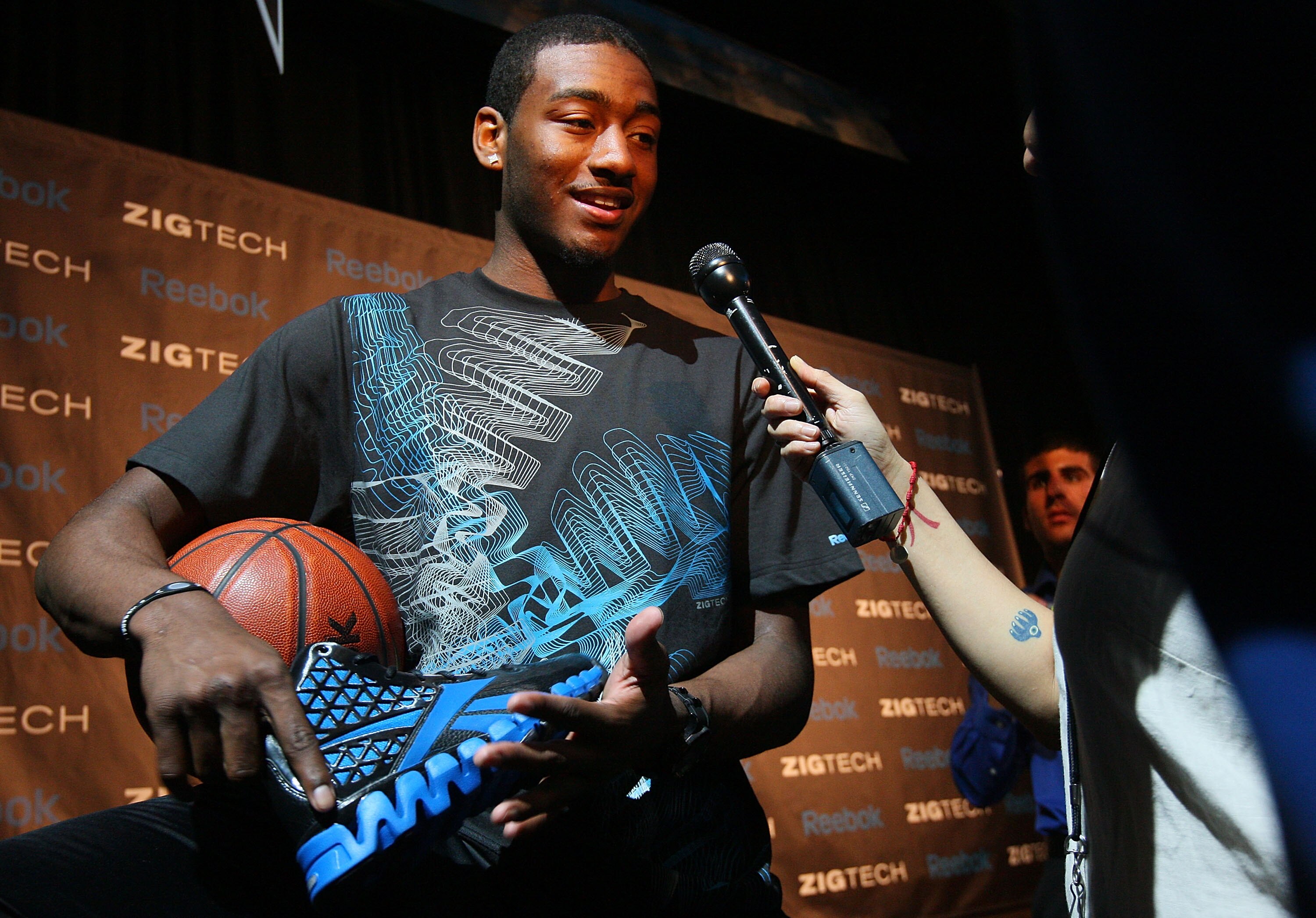 NEW YORK - JUNE 23:  Projected #1 NBA draft pick John Wall speaks to the media during a press conference to unveil his new state-of-the-art Reebok basketball shoe ZigTech Slash at Arena Event Space on June 23, 2010 in New York City.  (Photo by Mike Stobe/