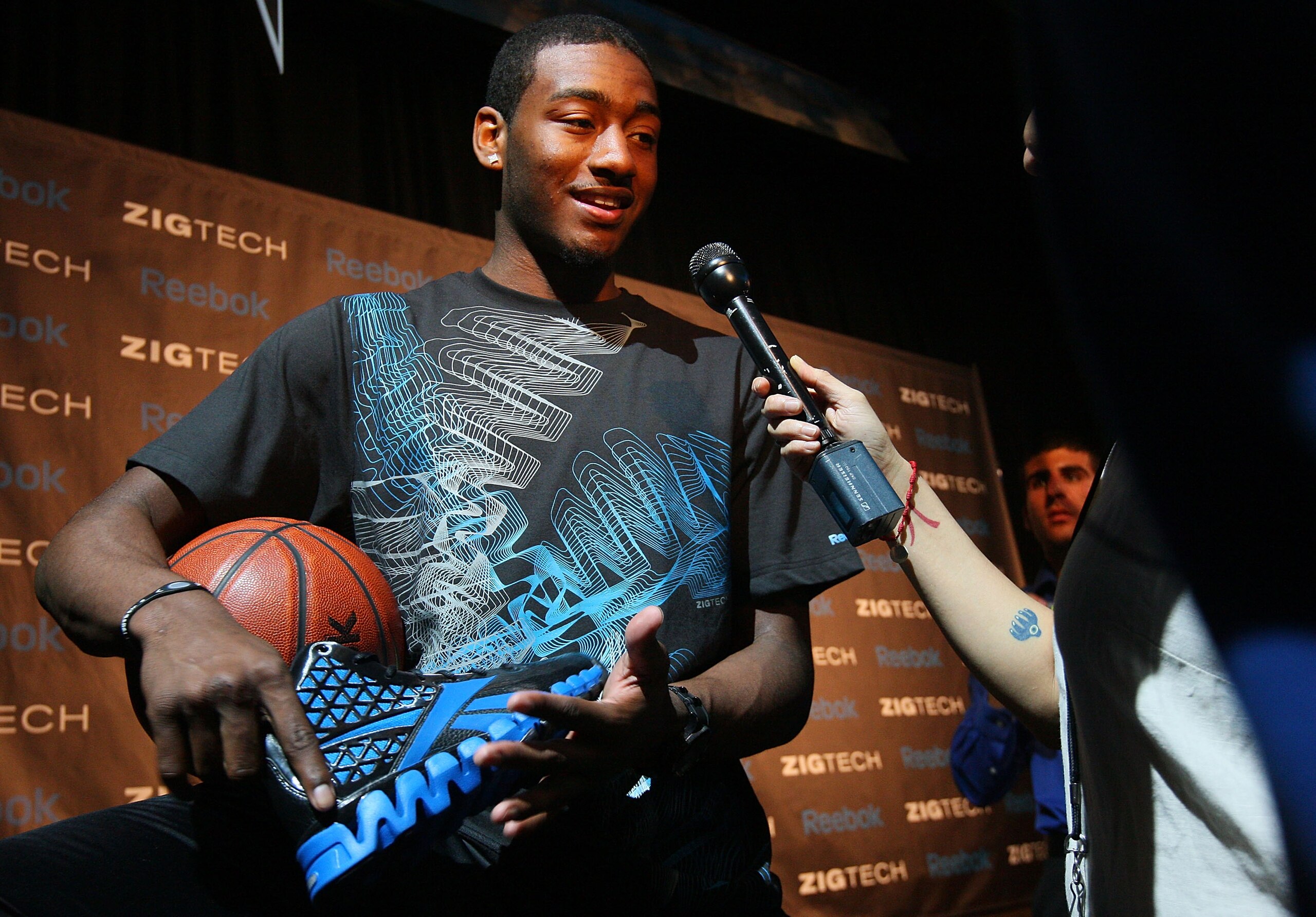 NEW YORK - JUNE 23:  Projected #1 NBA draft pick John Wall speaks to the media during a press conference to unveil his new state-of-the-art Reebok basketball shoe ZigTech Slash at Arena Event Space on June 23, 2010 in New York City.  (Photo by Mike Stobe/