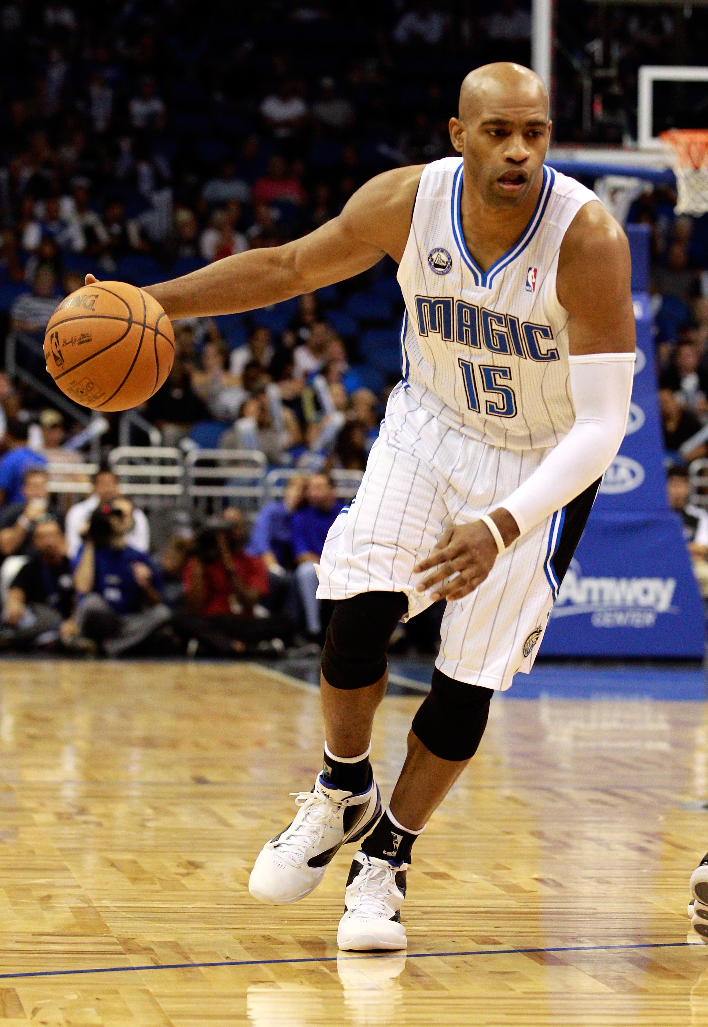 ORLANDO, FL - OCTOBER 10:  Vince Carter #15 of the Orlando Magic drives toward the basket during the game against the New Orleans Hornets at Amway Arena on October 10, 2010 in Orlando, Florida. NOTE TO USER: User expressly acknowledges and agrees that, by