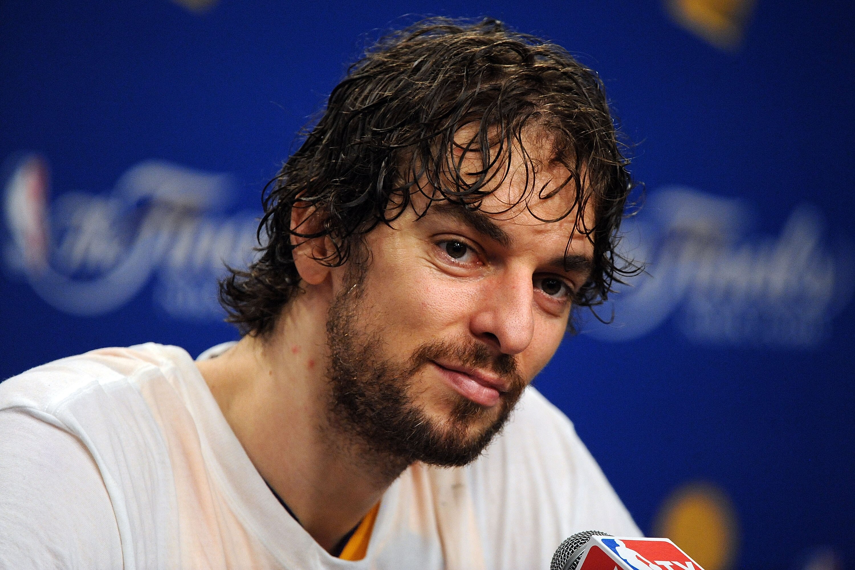 LOS ANGELES, CA - JUNE 17:  Pau Gasol #16 of the Los Angeles Lakers speaks during the post game news conference as he celebrates after the Lakers defeated the Boston Celtics 83-79 in Game Seven of the 2010 NBA Finals at Staples Center on June 17, 2010 in