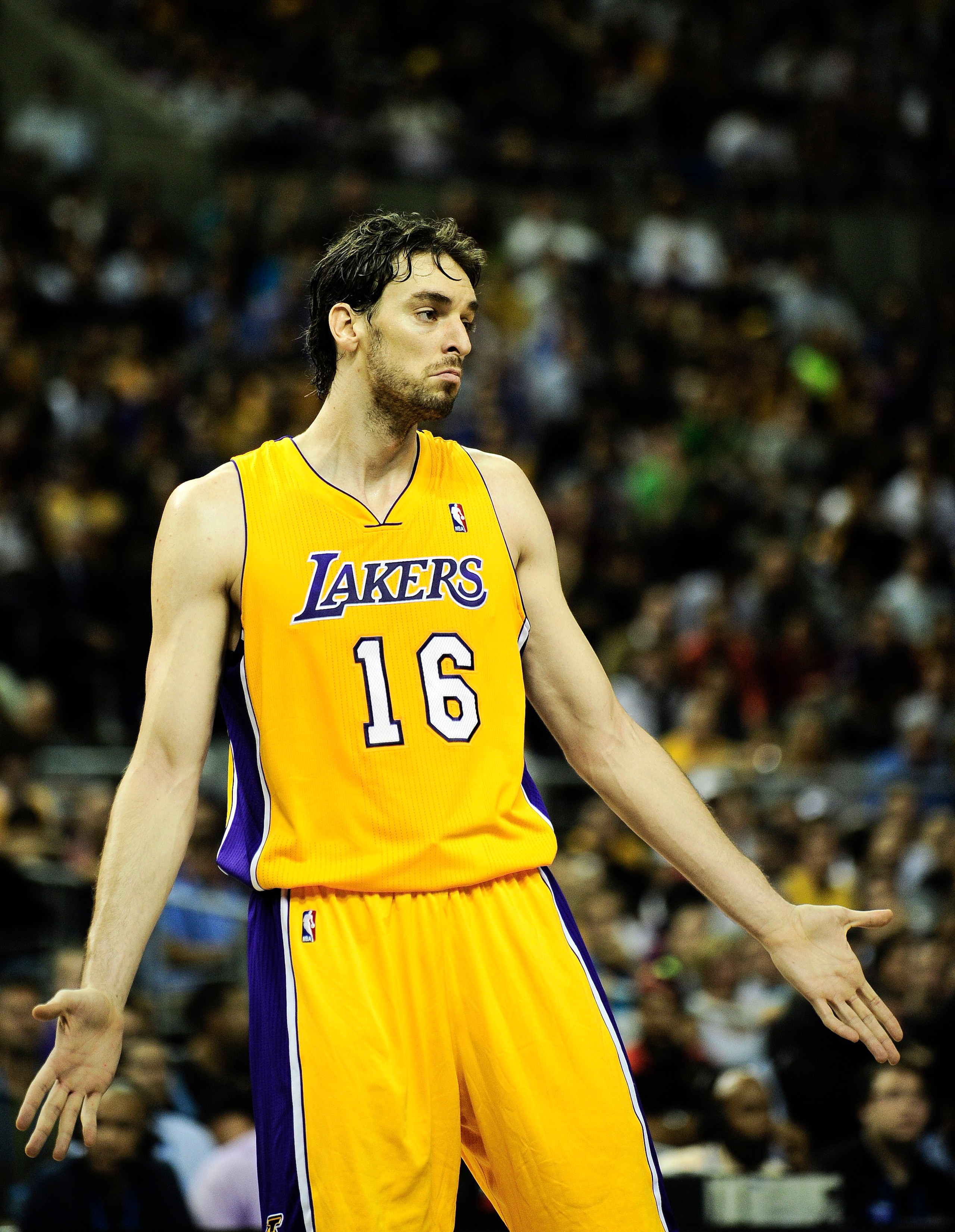 BARCELONA, SPAIN - OCTOBER 07:  Pau Gasol #16 of the Los Angeles Lakers looks on during the NBA Europe Live match between Los Angeles Lakers and Regal FC Barcelona at the at Palau Blaugrana on October 7, 2010 in Barcelona, Spain.  (Photo by David Ramos/Ge
