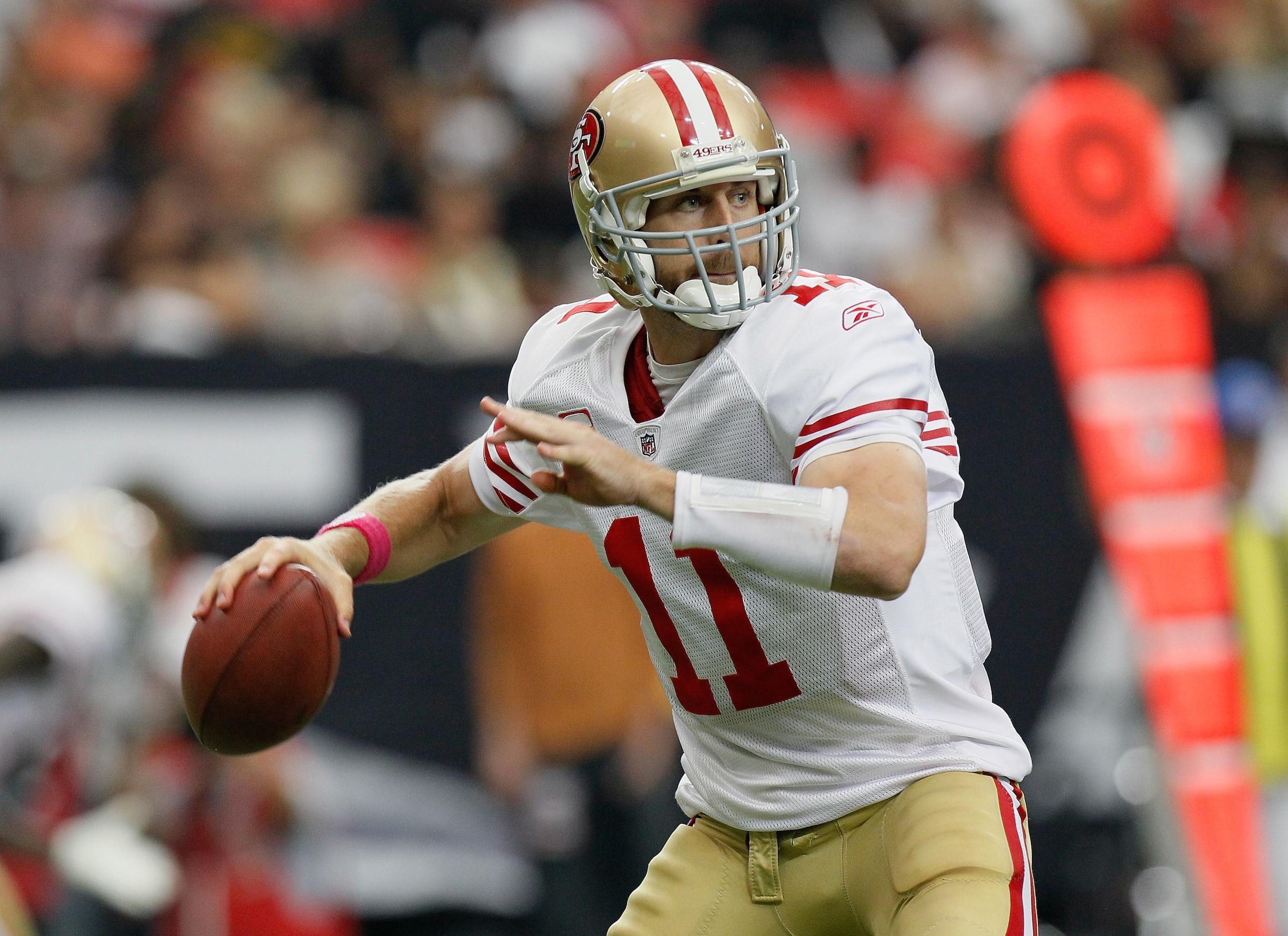 ATLANTA - OCTOBER 03:  Quarterback Alex Smith #11 of the San Francisco 49ers against the Atlanta Falcons at Georgia Dome on October 3, 2010 in Atlanta, Georgia.  (Photo by Kevin C. Cox/Getty Images)