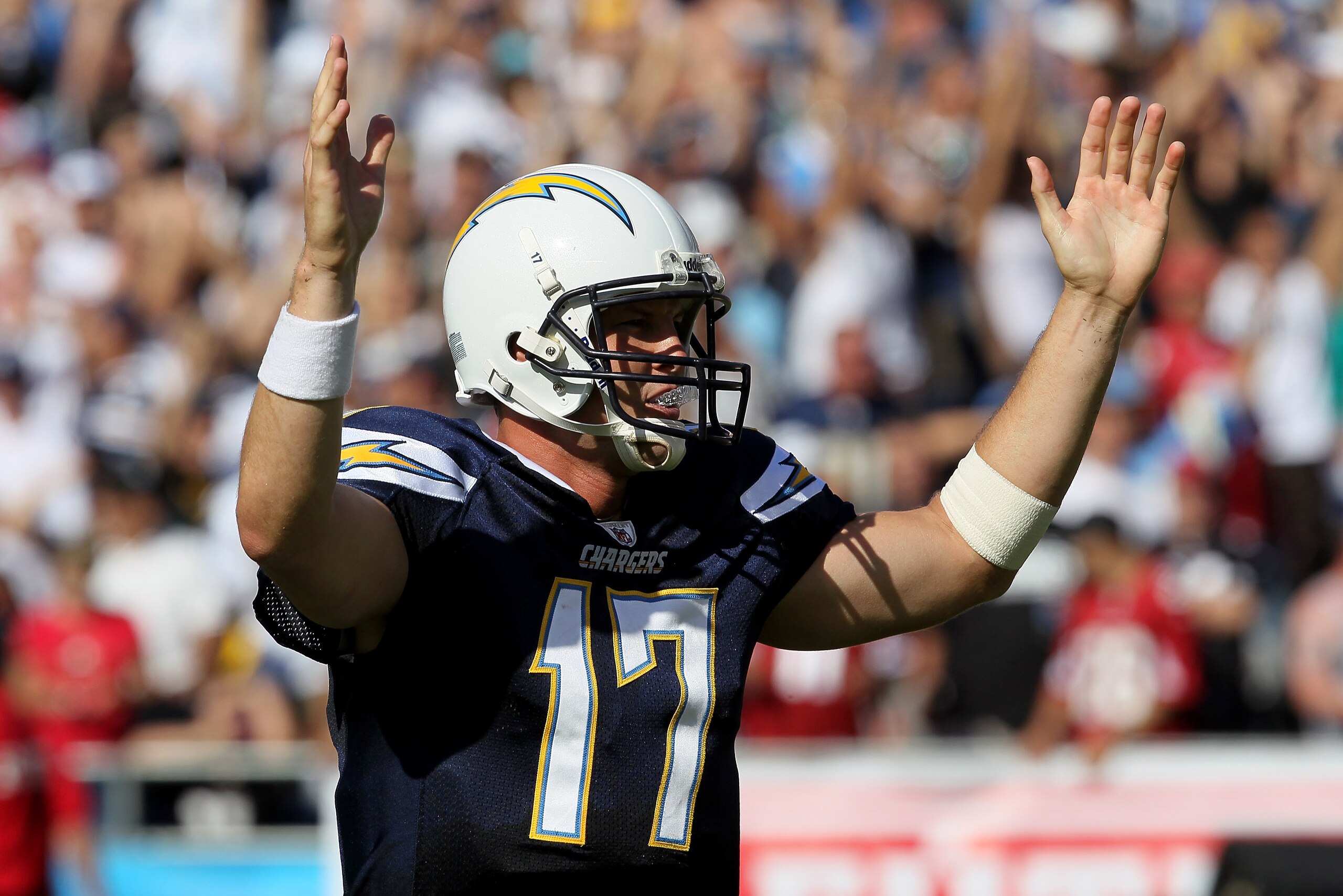 SAN DIEGO - OCTOBER 03:  Quarterback Philip Rivers of the San Diego Chargers celebrates a Charger touchdown play against the Arizona Cardinals in the third quarter at Qualcomm Stadium on October 3, 2010 in San Diego, California.   The Chargers won 41-10.