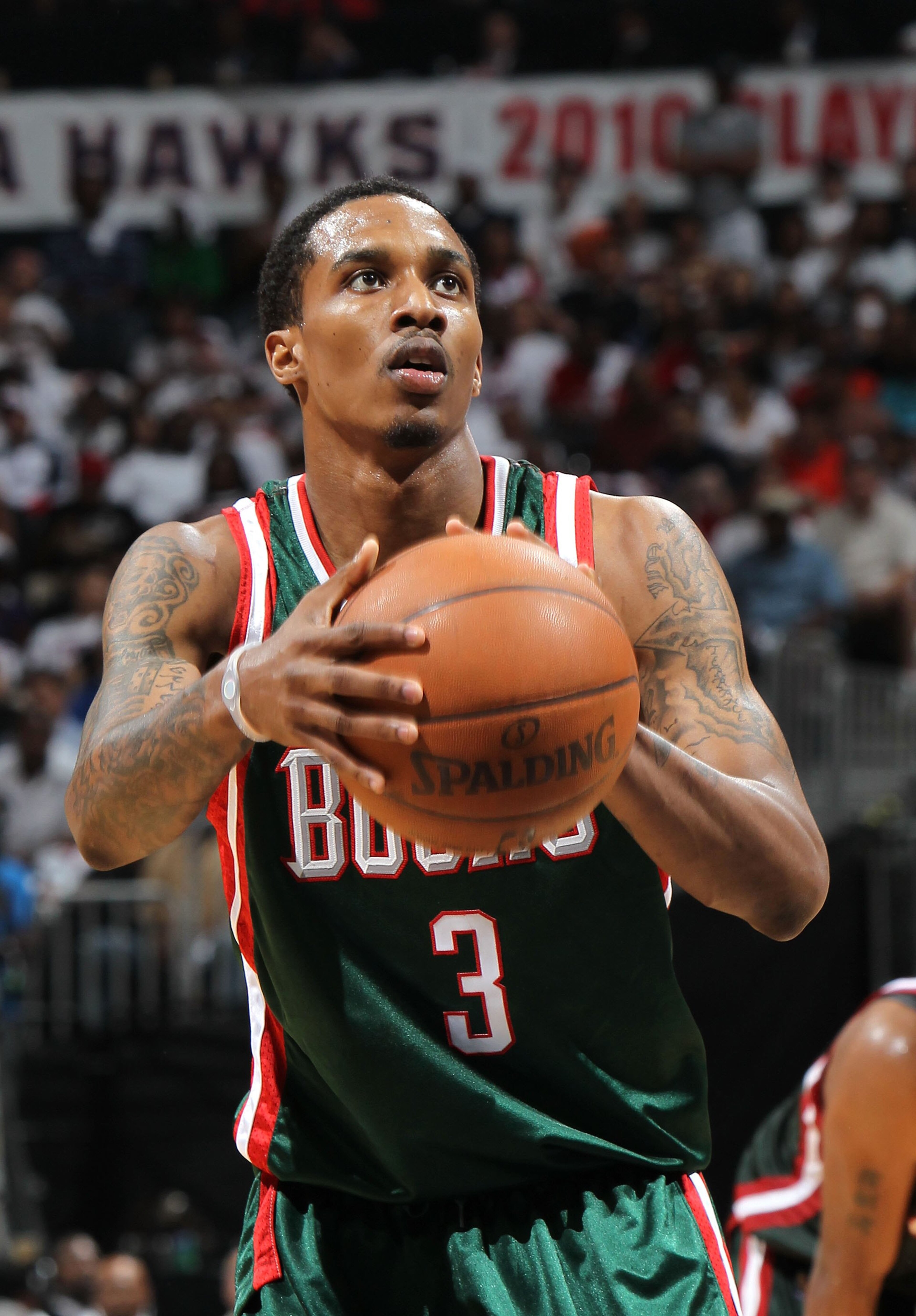 ATLANTA - MAY 2: Guard Brandon Jennings #3 of the Milwaukee Bucks gets set to shoot a free throw during Game Seven of the Eastern Conference Quarterfinals between the Milwaukee Bucks and the Atlanta Hawks during the 2010 NBA Playoffs at Philips Arena on ATLANTA - MAY 2: Guard Brandon Jennings #3 of the Milwaukee Bucks gets set to shoot a free throw during Game Seven of the Eastern Conference Quarterfinals between the Milwaukee Bucks and the Atlanta Hawks during the 2010 NBA Playoffs at Philips Arena on