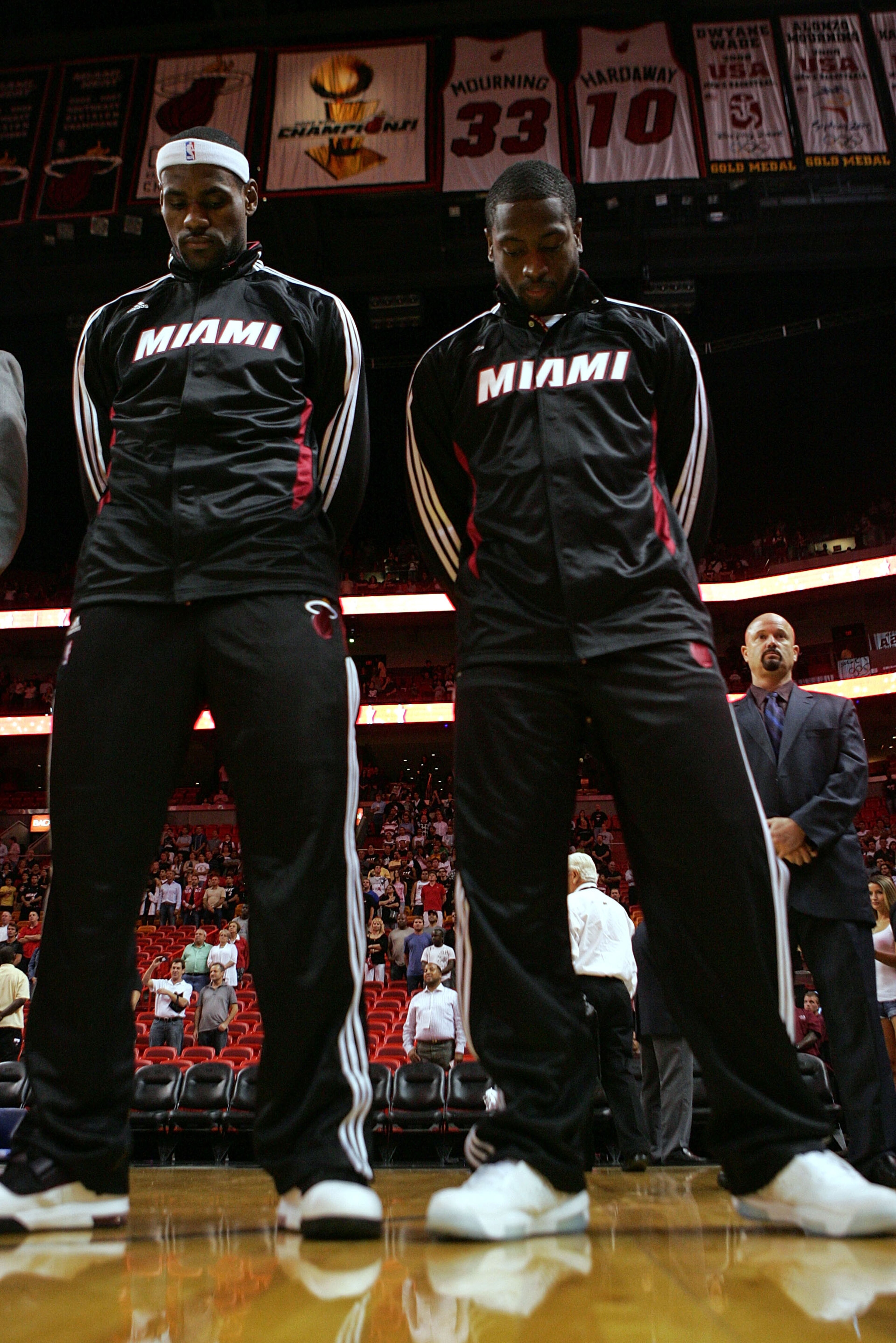 MIAMI - OCTOBER 12: Forward LeBron James #6 and Dwyane Wade #3 of the Miami Heat prior to playing CSKA Moskow on October 12, 2010 in Miami, Florida. NOTE TO USER: User expressly acknowledges and agrees that, by downloading and or using this photograph, MIAMI - OCTOBER 12: Forward LeBron James #6 and Dwyane Wade #3 of the Miami Heat prior to playing CSKA Moskow on October 12, 2010 in Miami, Florida. NOTE TO USER: User expressly acknowledges and agrees that, by downloading and or using this photograph,
