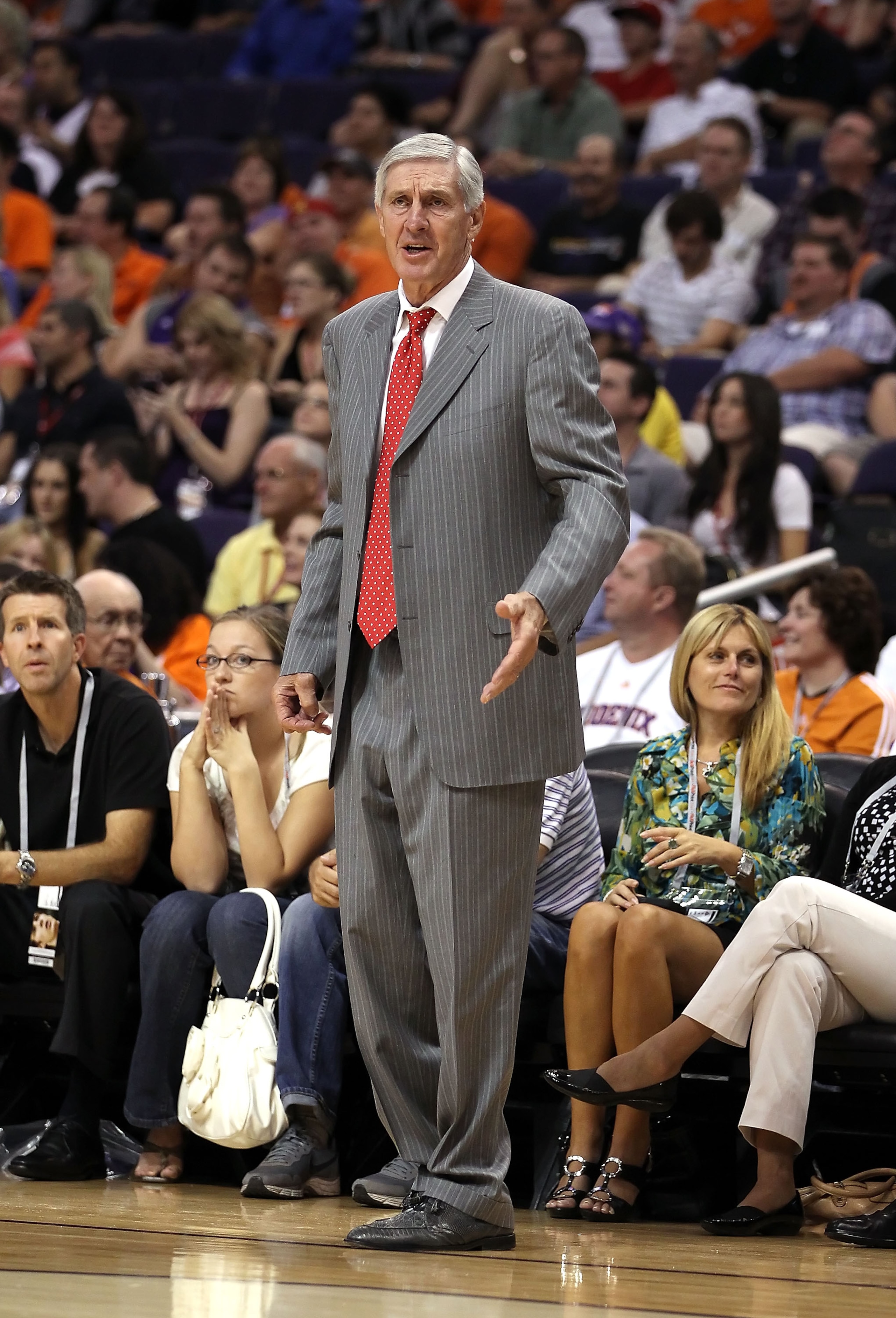 PHOENIX - OCTOBER 12:  Head coach Jerry Sloan of the Utah Jazz talks during the preseason NBA game against the Phoenix Suns at US Airways Center on October 12, 2010 in Phoenix, Arizona. NOTE TO USER: User expressly acknowledges and agrees that, by downloa