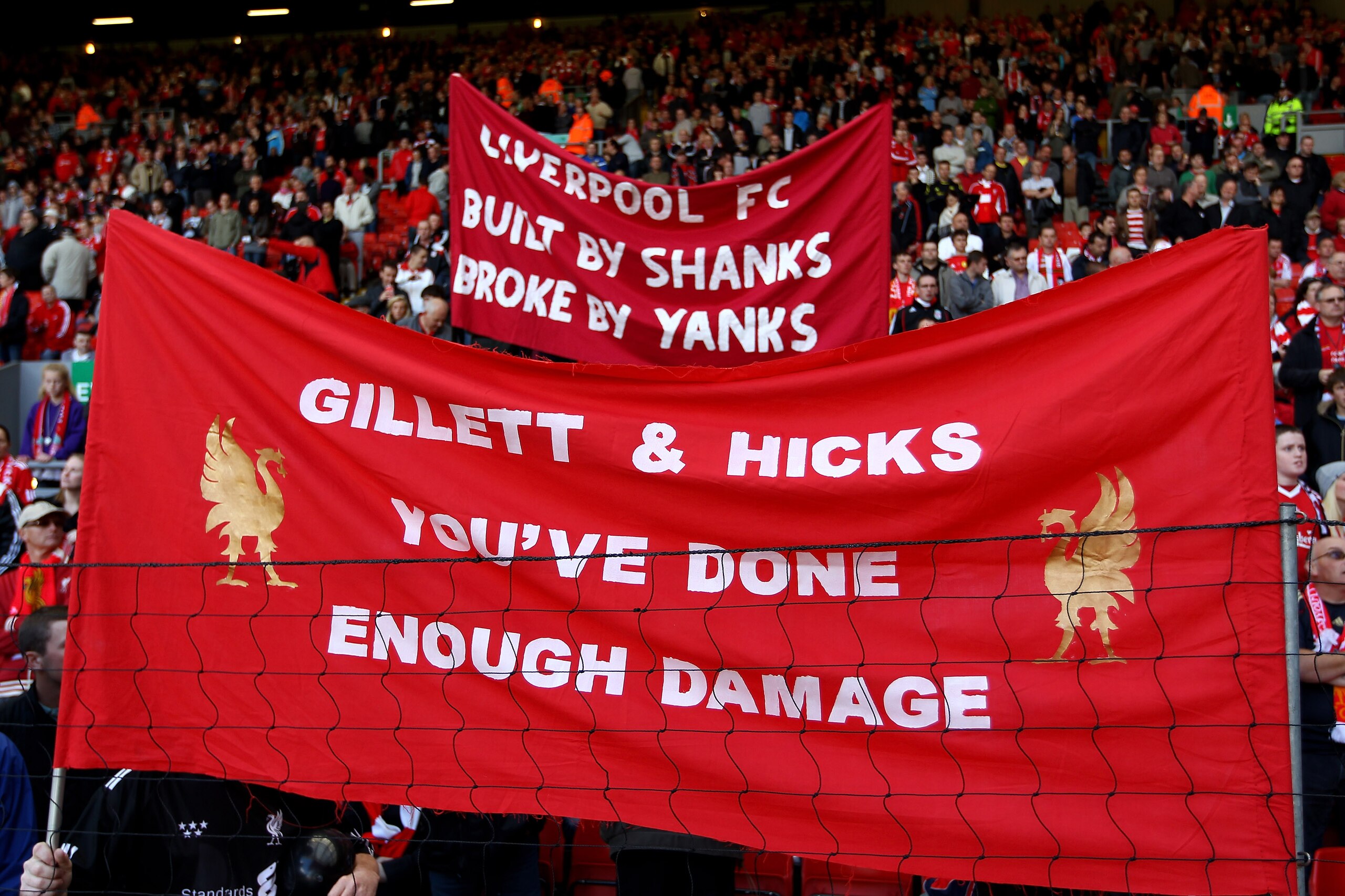 LIVERPOOL, ENGLAND - SEPTEMBER 25:  Liverpool  fans display anti American banners before the Barclays Premier League match between Liverpool and Sunderland at at Anfield on September 25, 2010 in Liverpool, England.  (Photo by Clive Brunskill/Getty Images)