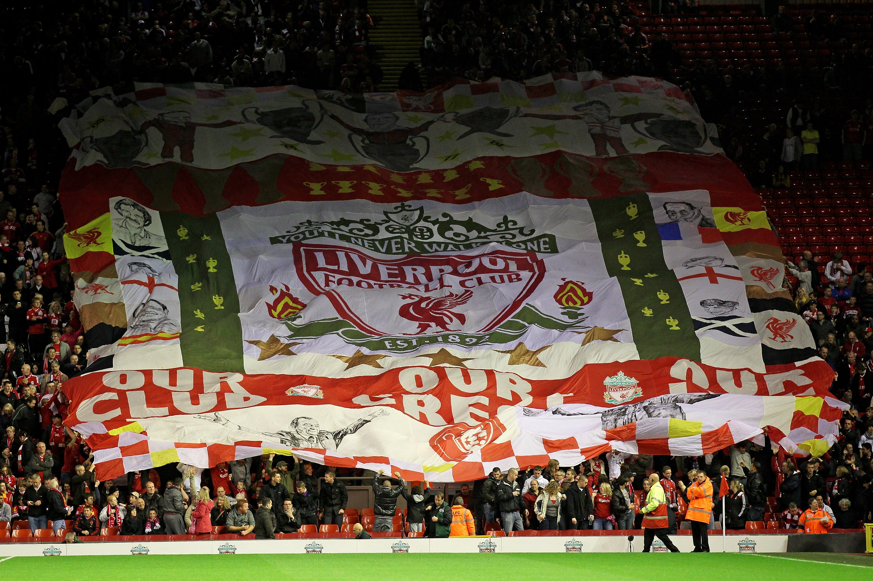 LIVERPOOL, ENGLAND - SEPTEMBER 16 : Liverpool fans show their support with a giant banner during the UEFA Europa League Group K match beteween Liverpool and Steaua Bucharest at Anfield on September 16, 2010 in Liverpool, England. (Photo by Alex Livesey/ LIVERPOOL, ENGLAND - SEPTEMBER 16 : Liverpool fans show their support with a giant banner during the UEFA Europa League Group K match beteween Liverpool and Steaua Bucharest at Anfield on September 16, 2010 in Liverpool, England. (Photo by Alex Livesey/
