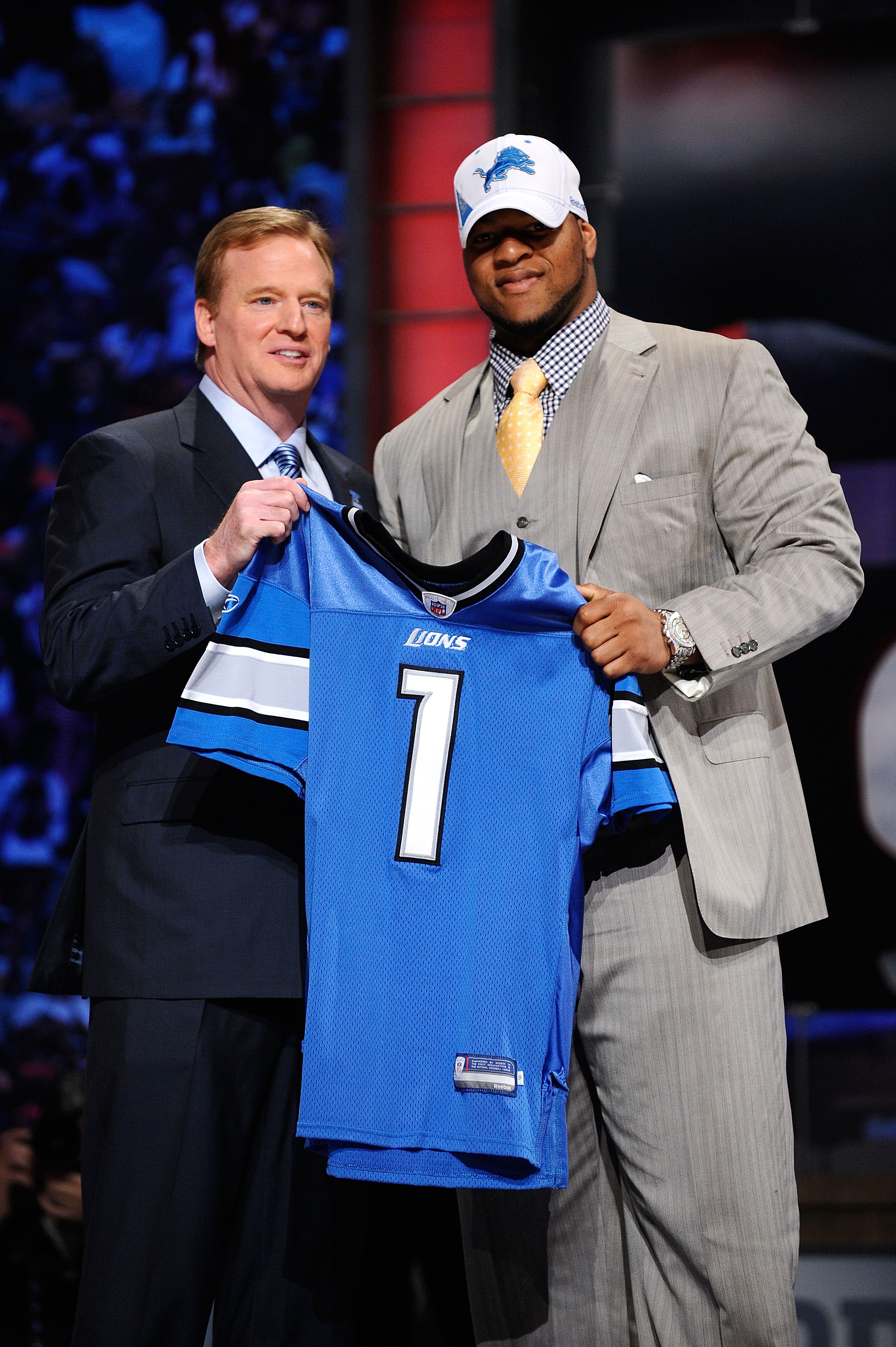 NEW YORK - APRIL 22:  Ndamukong Suh of the Nebraska Cornhuskers stands with NFL Commissioner Roger Goodell as he holds up a Detroit Lions Jersey after Suh was picked #2 overall by the Lions during the 2010 NFL Draft at Radio City Music Hall on April 22, 2