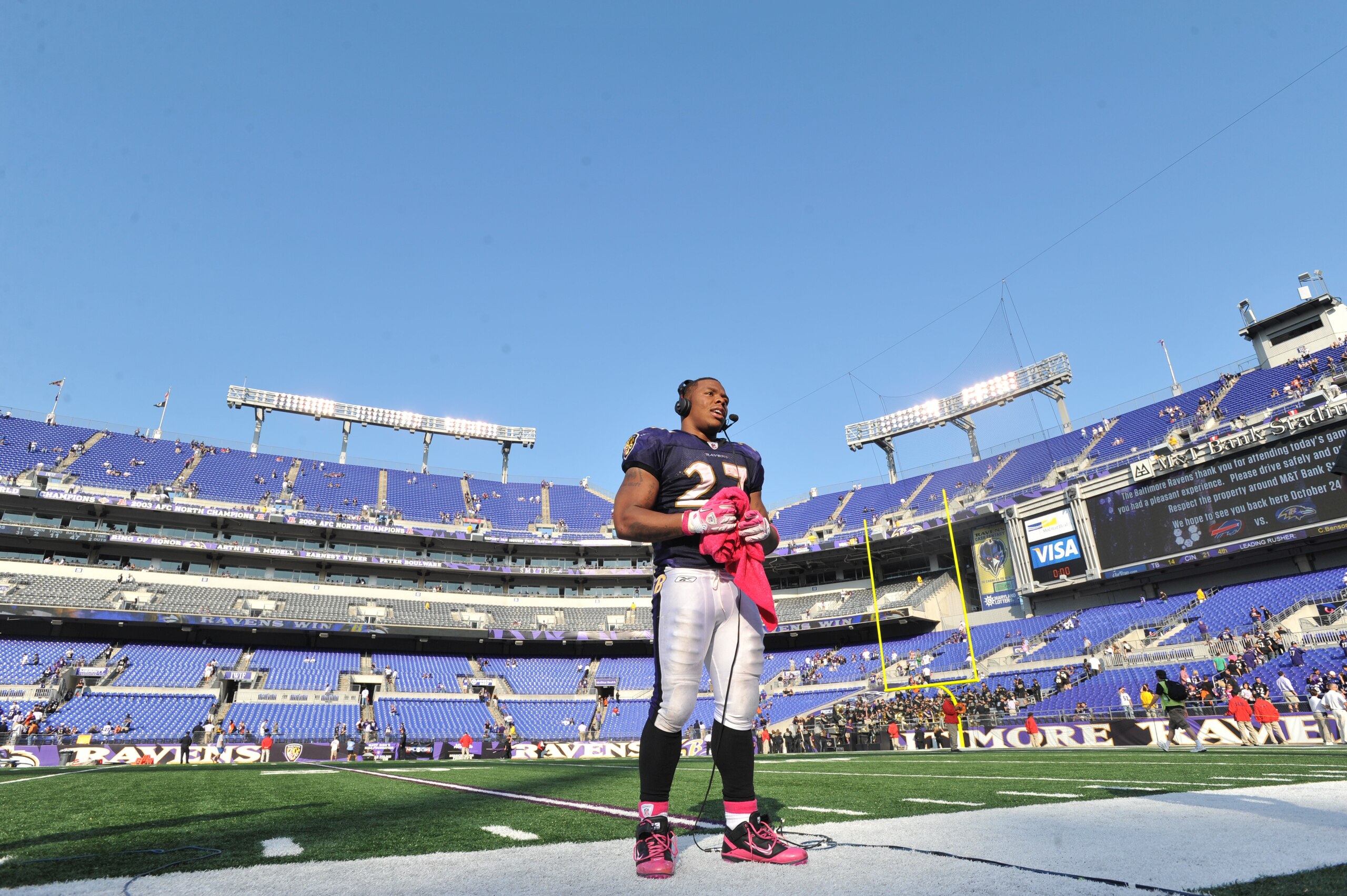 BALTIMORE, MD - OCTOBER 10:  Ray Rice #27 of the Baltimore Ravens does a TV interview after the game  against the Denver Broncos at M&T Bank Stadium on October 10, 2010 in Baltimore, Maryland. Players wore pink in recognition of Breast Cancer Awareness Mo