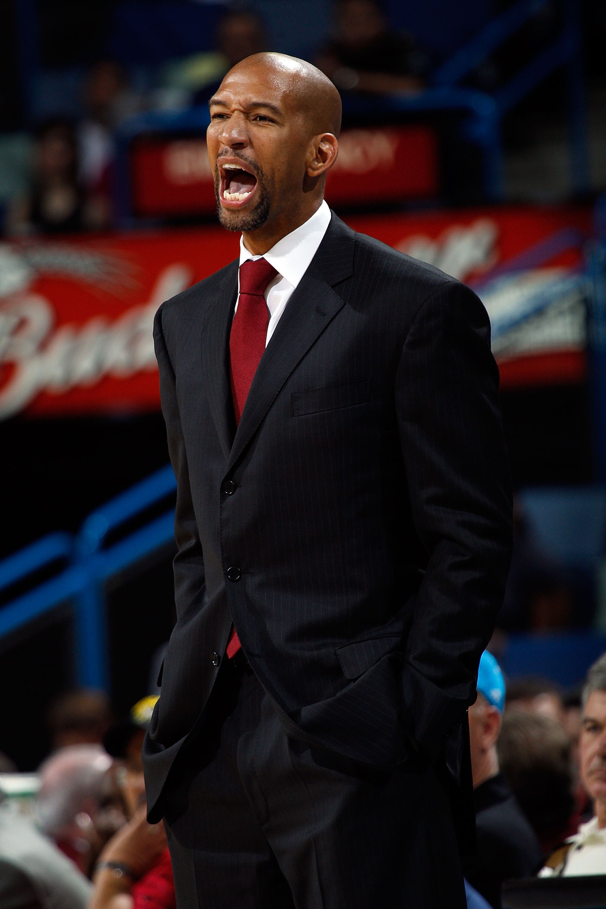 NEW ORLEANS - OCTOBER 13:  Head coach Monty Williams of the New Orleans Hornets yells during the game against the Miami Heat at the New Orleans Arena on October 13, 2010 in New Orleans, Louisiana. NOTE TO USER: User expressly acknowledges and agrees that,