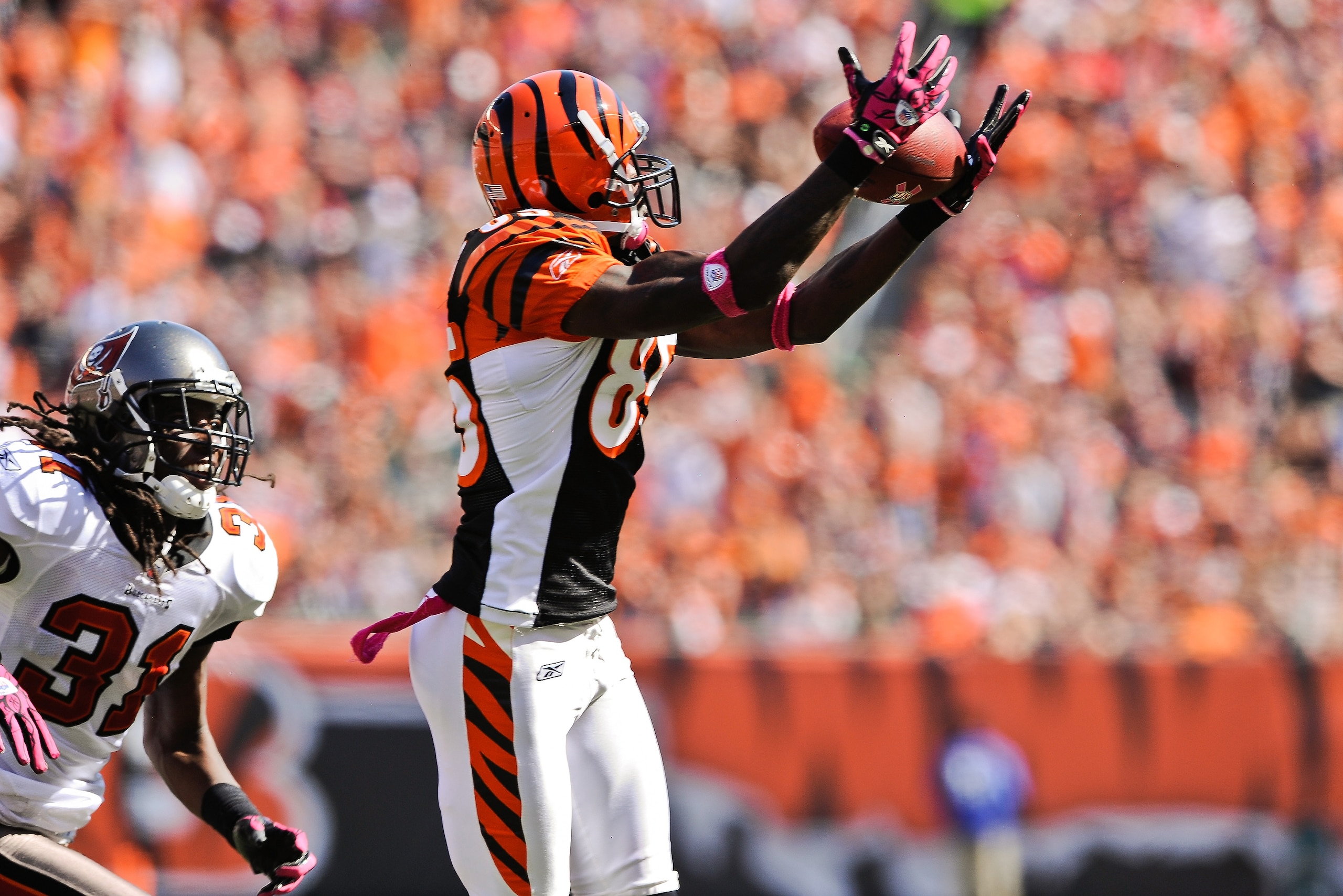 CINCINNATI, OH - OCTOBER 10: Chad Ochocinco #85 of the Cincinnati Bengals makes a reception against the Tampa Bay Buccaneers at Paul Brown Stadium on October 10, 2010 in Cincinnati, Ohio. (Photo by Jamie Sabau/Getty Images)