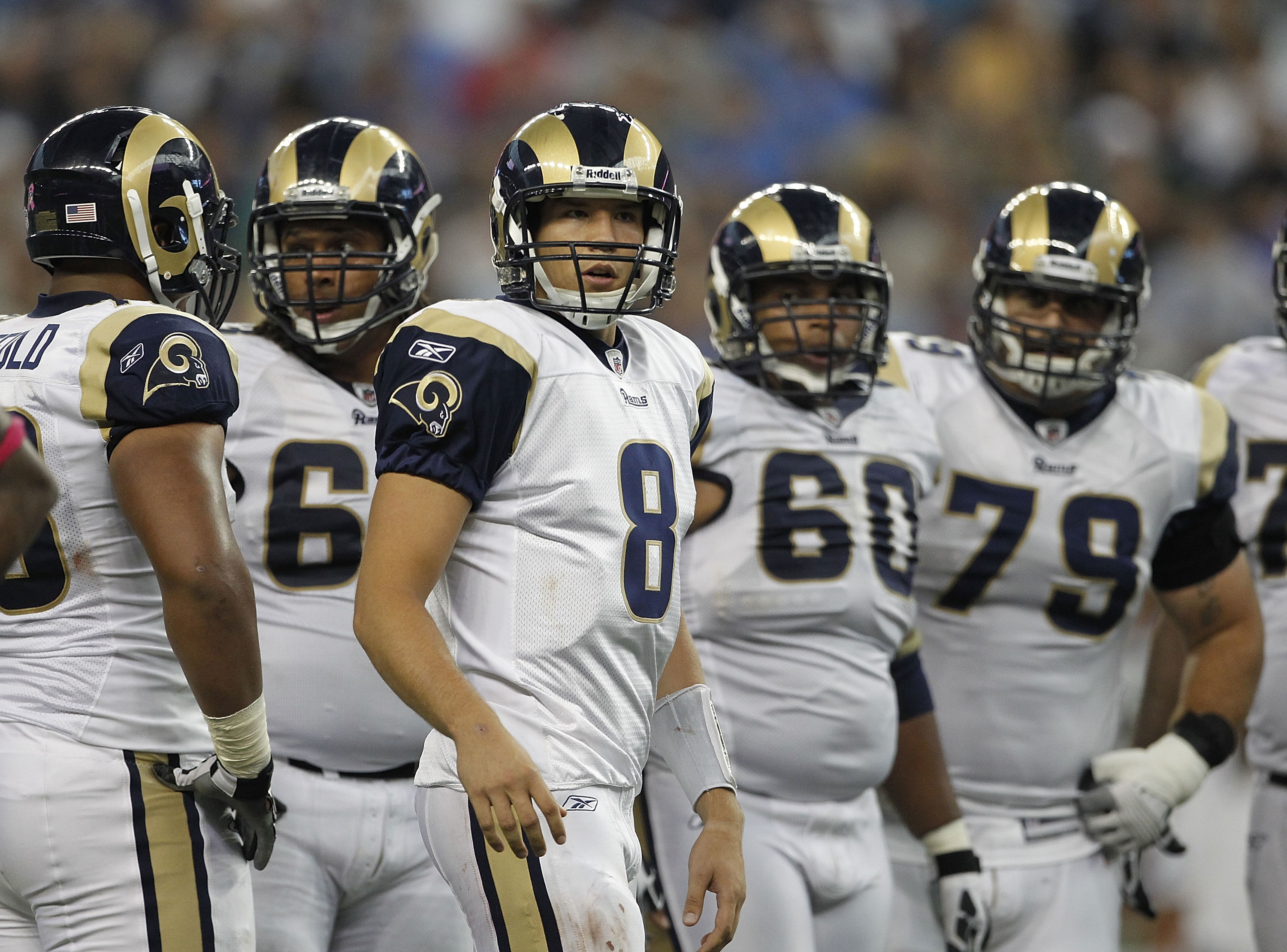 DETROIT - OCTOBER 10:  Sam Bradford #8 of the St. Louis Rams looks to the sidelines during the fourth quarter of the game against the Detroit Lions at Ford Field on October 10, 2010 in Detroit, Michigan. The Lions defeated the Rams 44-6.  (Photo by Leon H