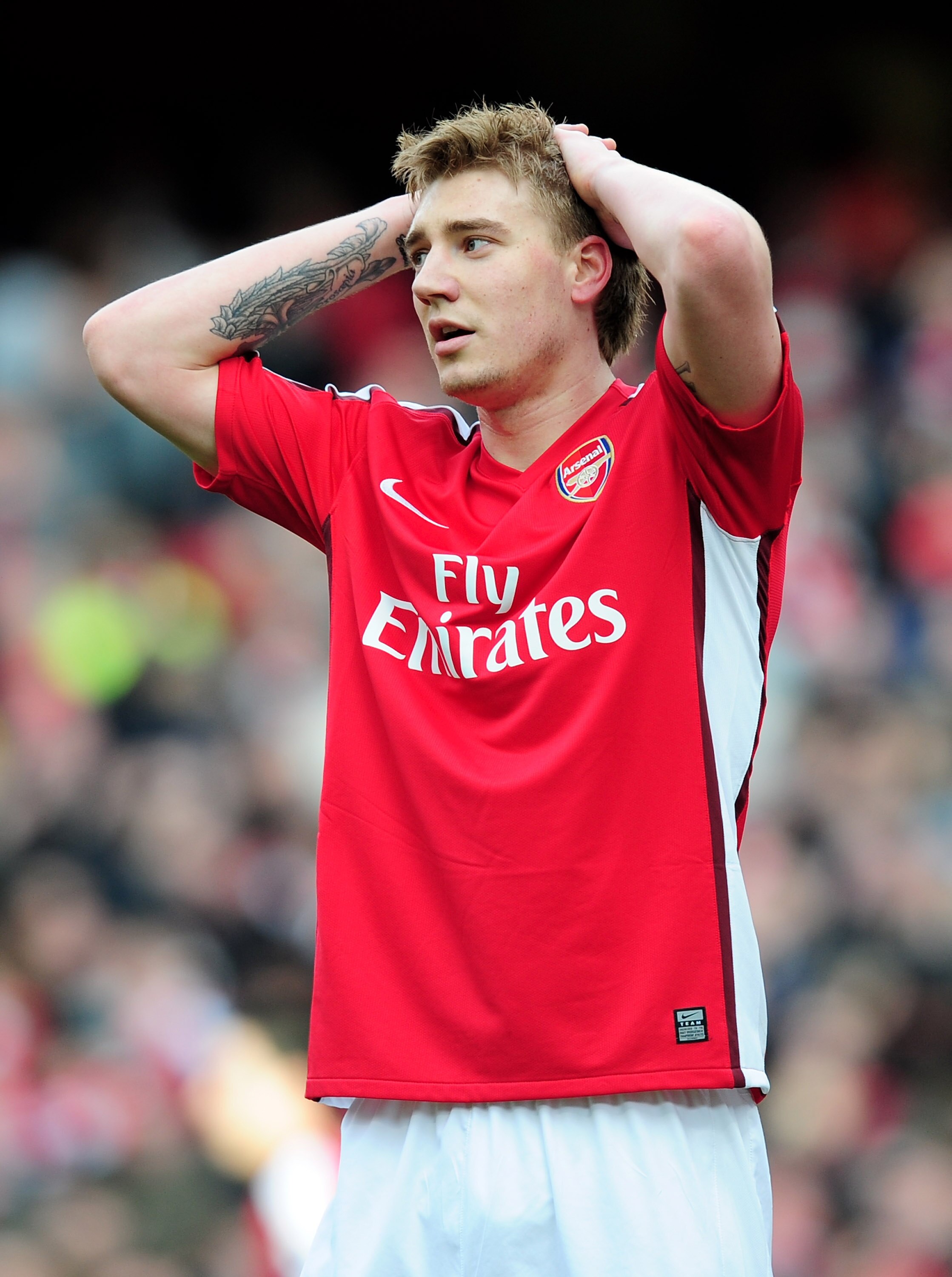 LONDON, ENGLAND - FEBRUARY 20:  Nicklas Bendtner of Arsenal reacts after hitting the bar during the Barclays Premier League match between Arsenal and Sunderland at Emirates Stadium on February 20, 2010 in London, England.  (Photo by Mike Hewitt/Getty Imag