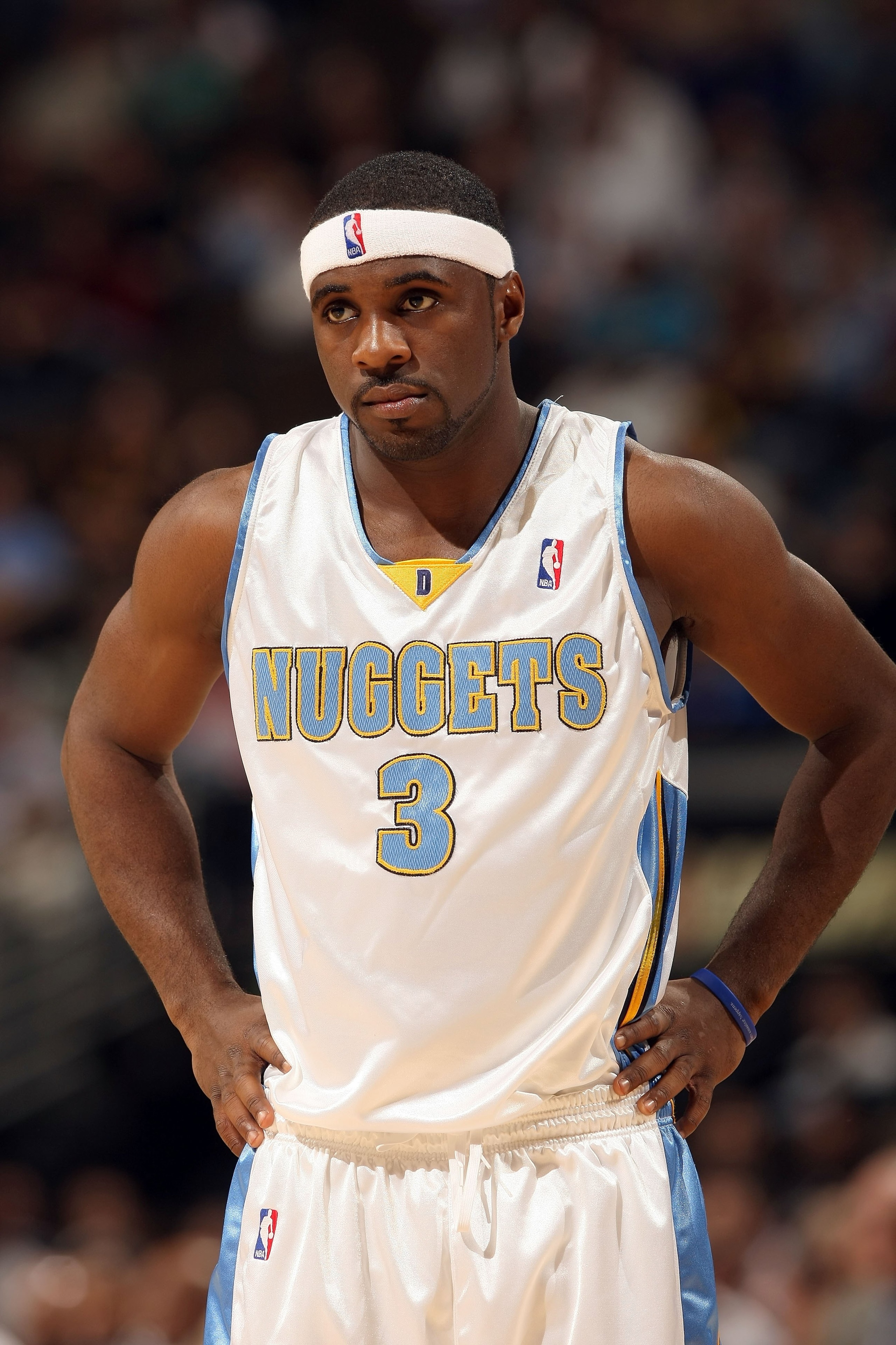 DENVER - JANUARY 05:  Ty Lawson #3 of the Denver Nuggets looks on during a break in the action against the Golden State Warriors at the Pepsi Center on January 5, 2010 in Denver, Colorado. The Nuggets defeated the Warriors 123-122. NOTE TO USER: User expr