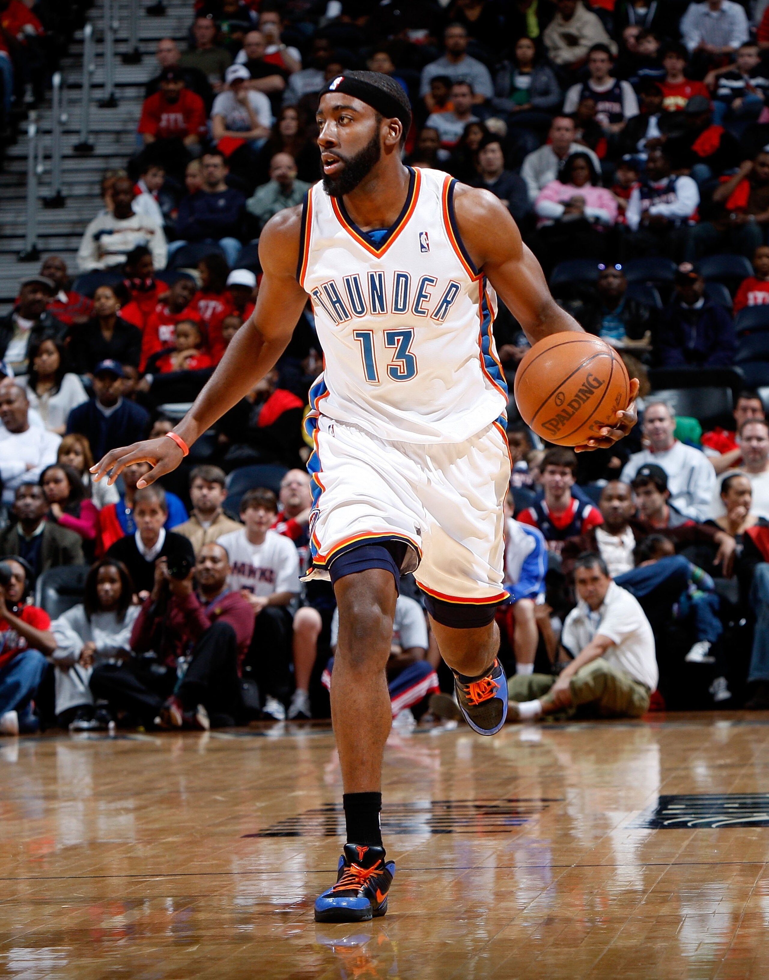 ATLANTA - JANUARY 18:  James Harden #13 of the Oklahoma City Thunder against the Atlanta Hawks at Philips Arena on January 18, 2010 in Atlanta, Georgia.  NOTE TO USER: User expressly acknowledges and agrees that, by downloading and/or using this Photograp