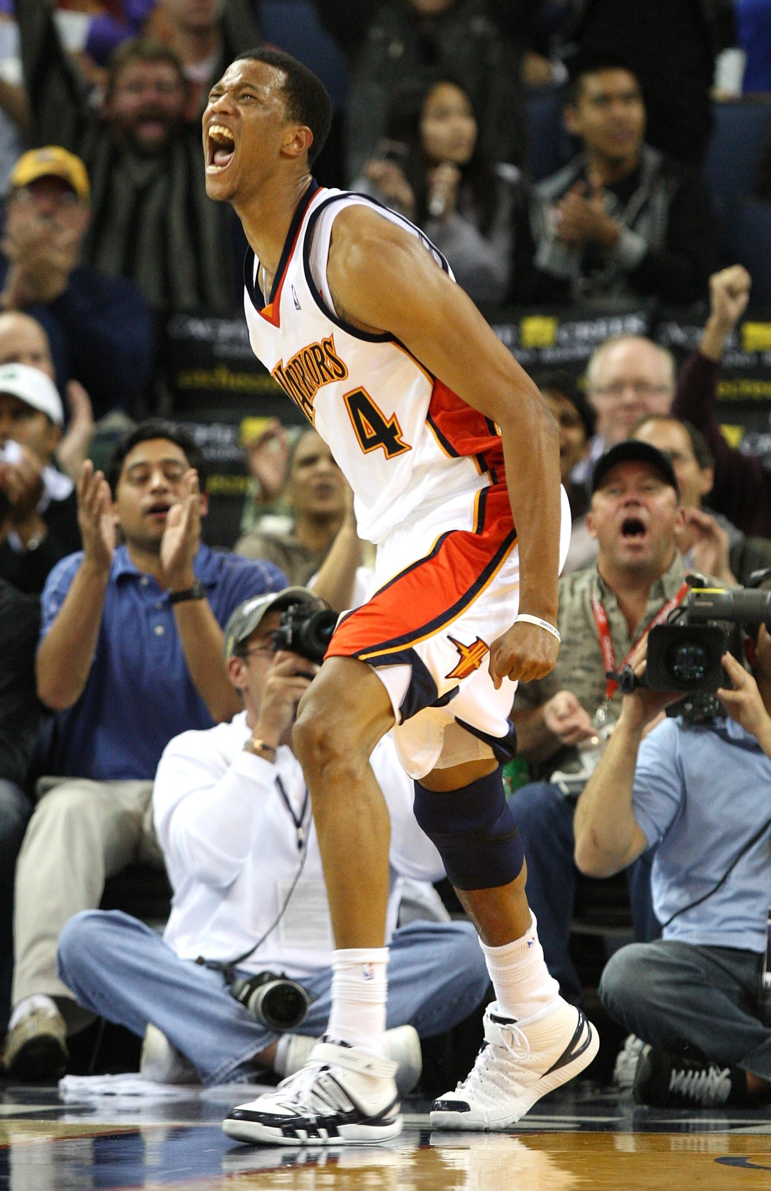 OAKLAND, CA - NOVEMBER 20:  Anthony Randolph #4  of the Golden State Warriors celebrates after scoring in the second period against the Portland Trail Blazers during an NBA game at Oracle Arena on November 20, 2009 in Oakland, California.  (Photo by Jed J