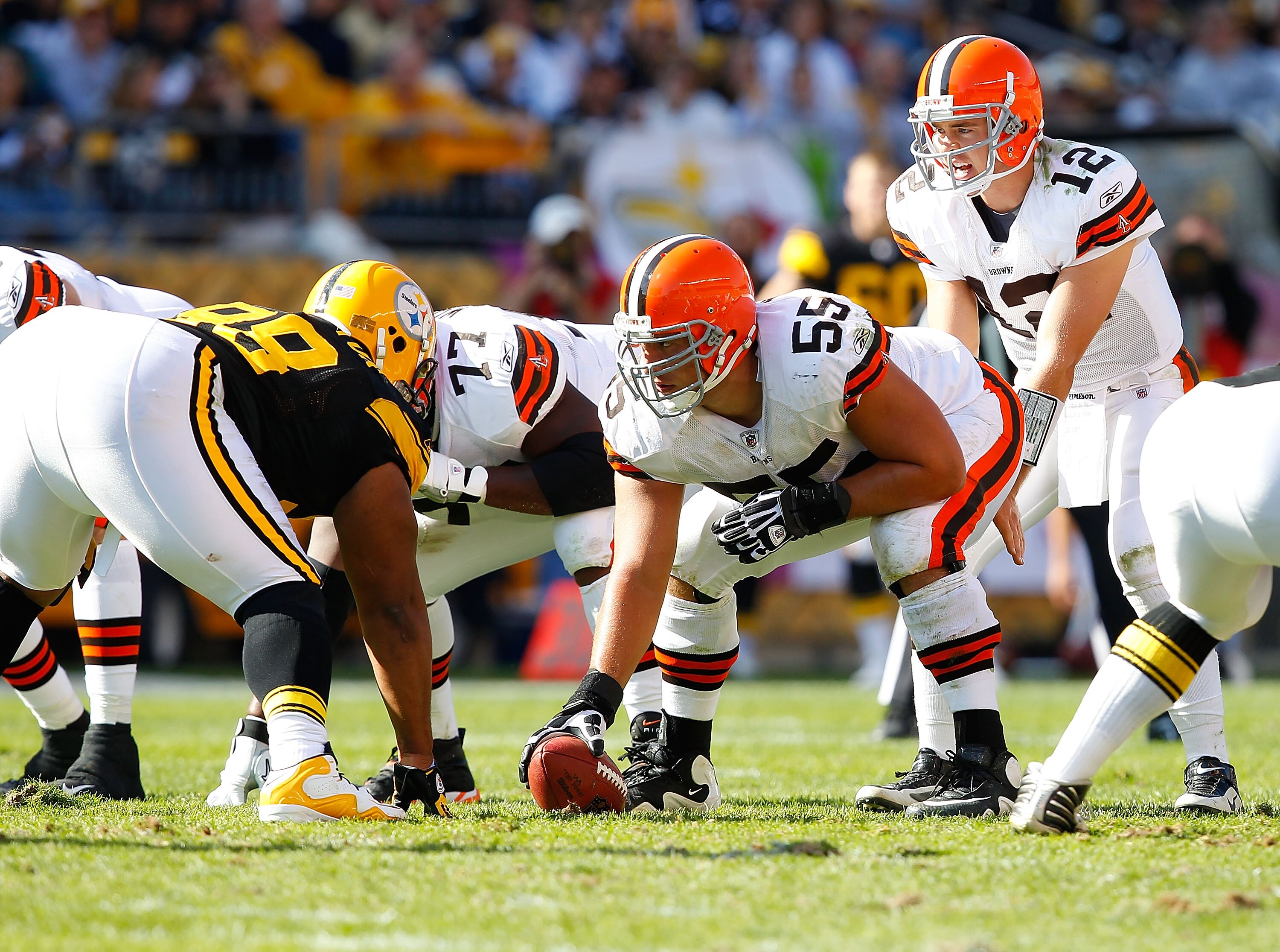 PITTSBURGH - OCTOBER 17:  Colt McCoy #12 of the Cleveland Browns waits under center during the game against the Pittsburgh Steelers on October 17, 2010 at Heinz Field in Pittsburgh, Pennsylvania.  (Photo by Jared Wickerham/Getty Images)