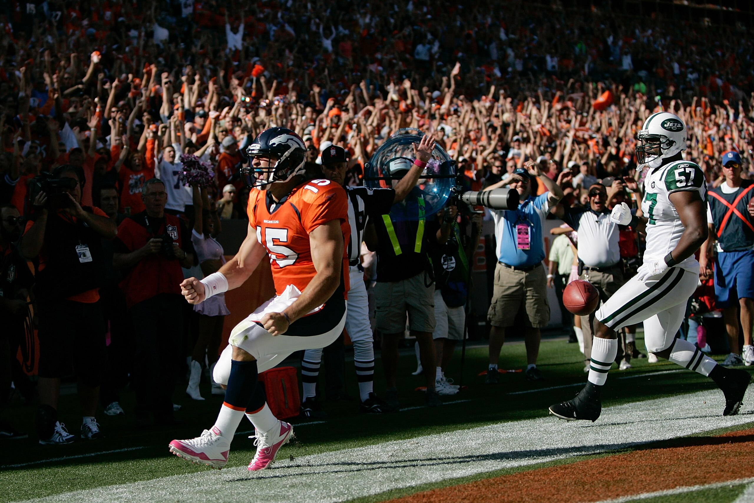 DENVER - OCTOBER 17: Quarterback Tim Tebow #15 of the Denver Broncos celebrates his touchdown run in the first half against the New York Jets at INVESCO Field at Mile High on October 17, 2010 in Denver, Colorado. (Photo by Justin Edmonds/Getty Images) DENVER - OCTOBER 17: Quarterback Tim Tebow #15 of the Denver Broncos celebrates his touchdown run in the first half against the New York Jets at INVESCO Field at Mile High on October 17, 2010 in Denver, Colorado. (Photo by Justin Edmonds/Getty Images)