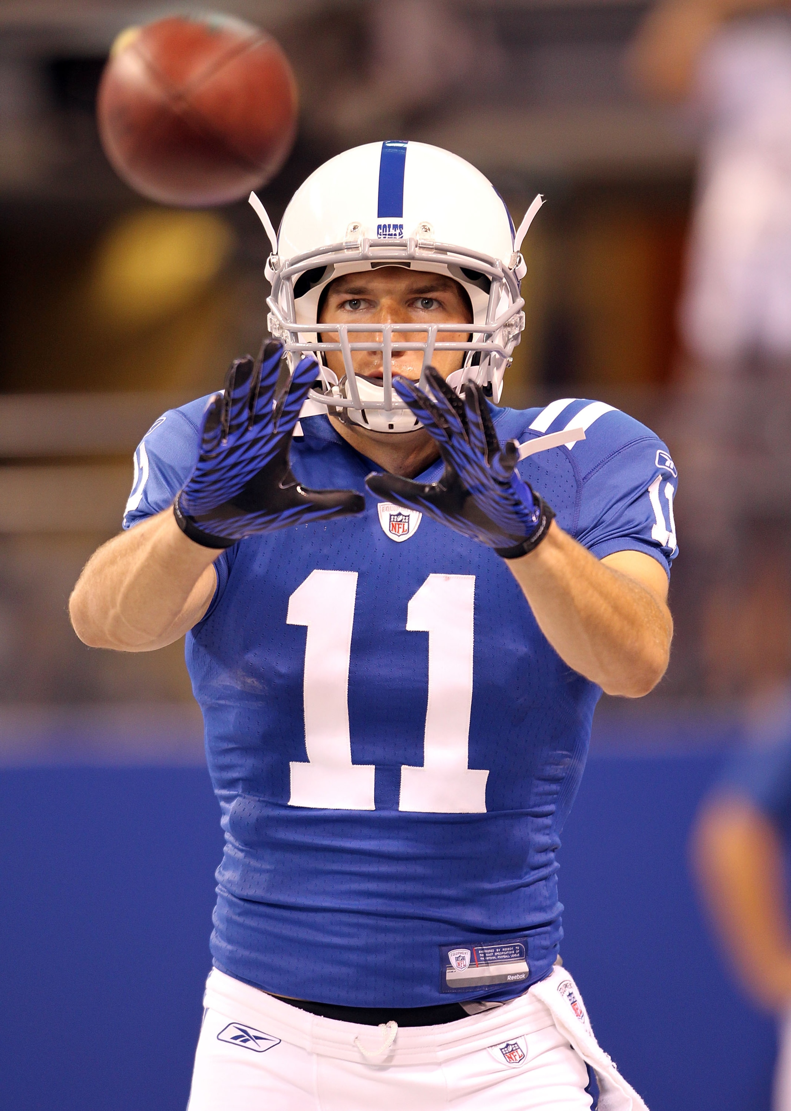 INDIANAPOLIS - SEPTEMBER 02: Anthony Gonzalez #11 of the Indianapolis Colts catches a pass before the NFL preseason game against the Cincinnati Bengals at Lucas Oil Stadium on September 2, 2010 in Indianapolis, Indiana. (Photo by Andy Lyons/Getty Images INDIANAPOLIS - SEPTEMBER 02: Anthony Gonzalez #11 of the Indianapolis Colts catches a pass before the NFL preseason game against the Cincinnati Bengals at Lucas Oil Stadium on September 2, 2010 in Indianapolis, Indiana. (Photo by Andy Lyons/Getty Images