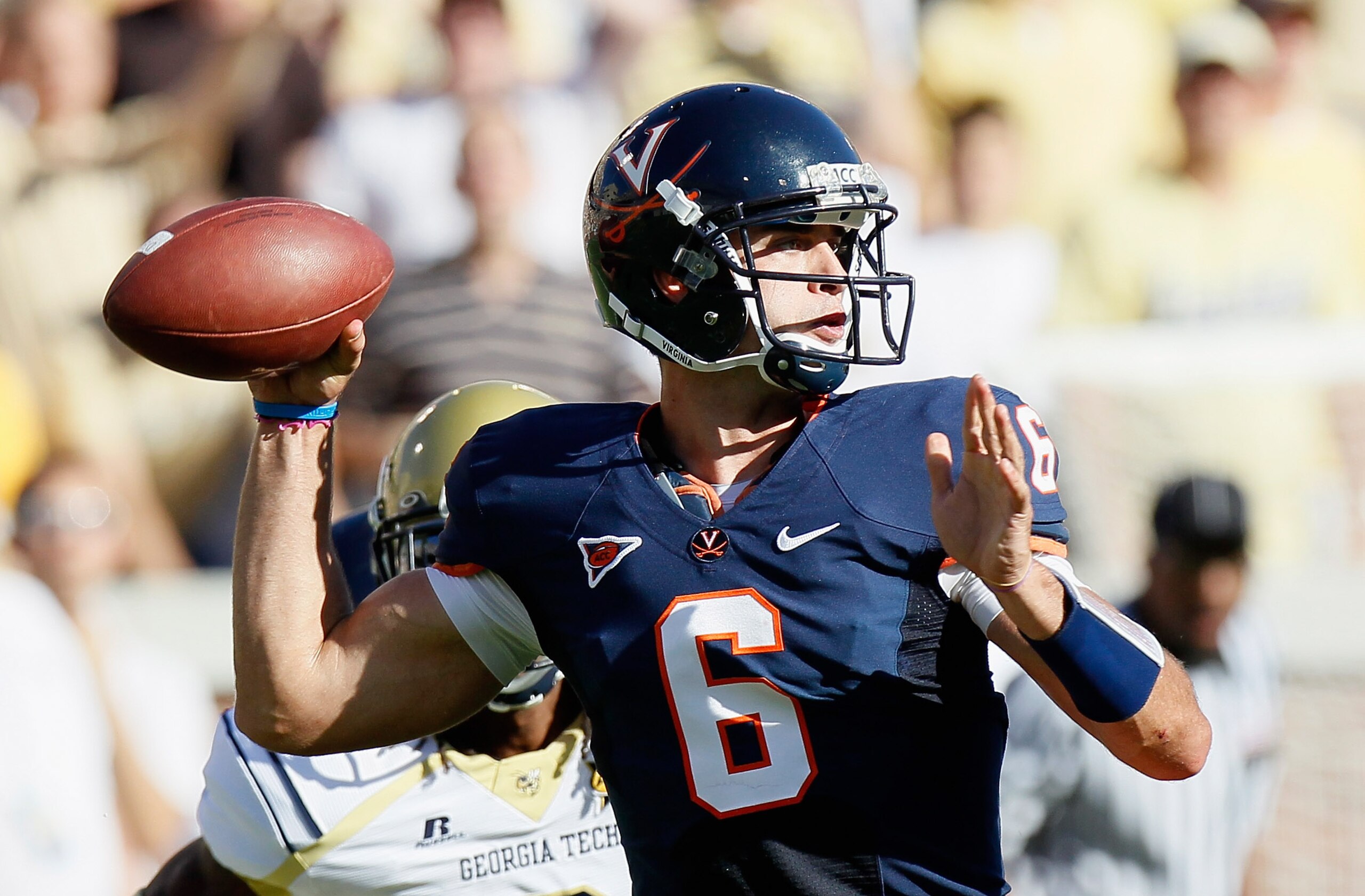 ATLANTA - OCTOBER 09:  Quarterback Marc Verica #6 of the Virginia Cavaliers looks to pass against the Georgia Tech Yellow Jackets at Bobby Dodd Stadium on October 9, 2010 in Atlanta, Georgia.  (Photo by Kevin C. Cox/Getty Images)