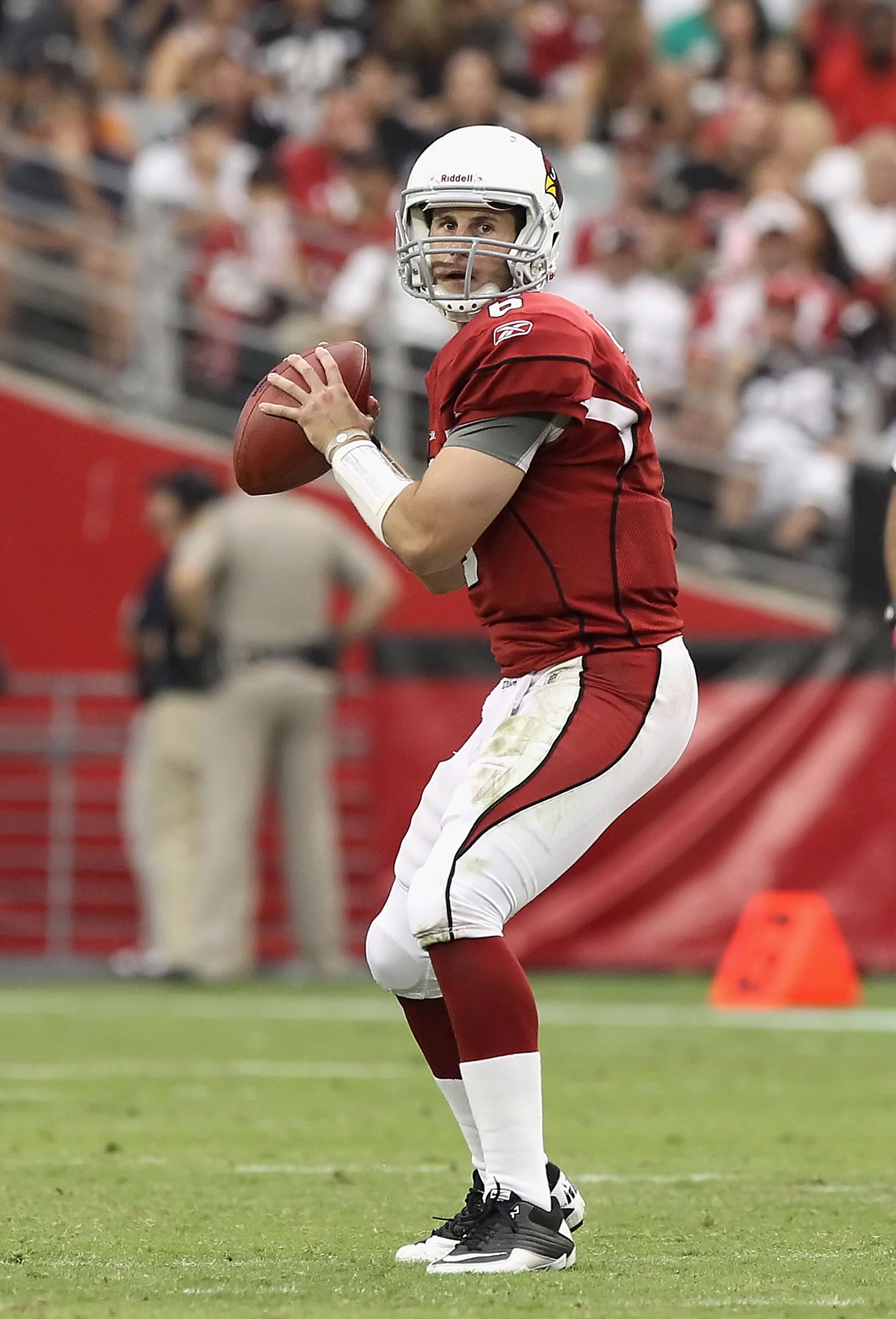 GLENDALE, AZ - OCTOBER 10:  Quarterback Max Hall #6 of the Arizona Cardinals drops back to pass during the NFL game against the New Orleans Saints at the University of Phoenix Stadium on October 10, 2010 in Glendale, Arizona. The Cardinals defeated the Sa