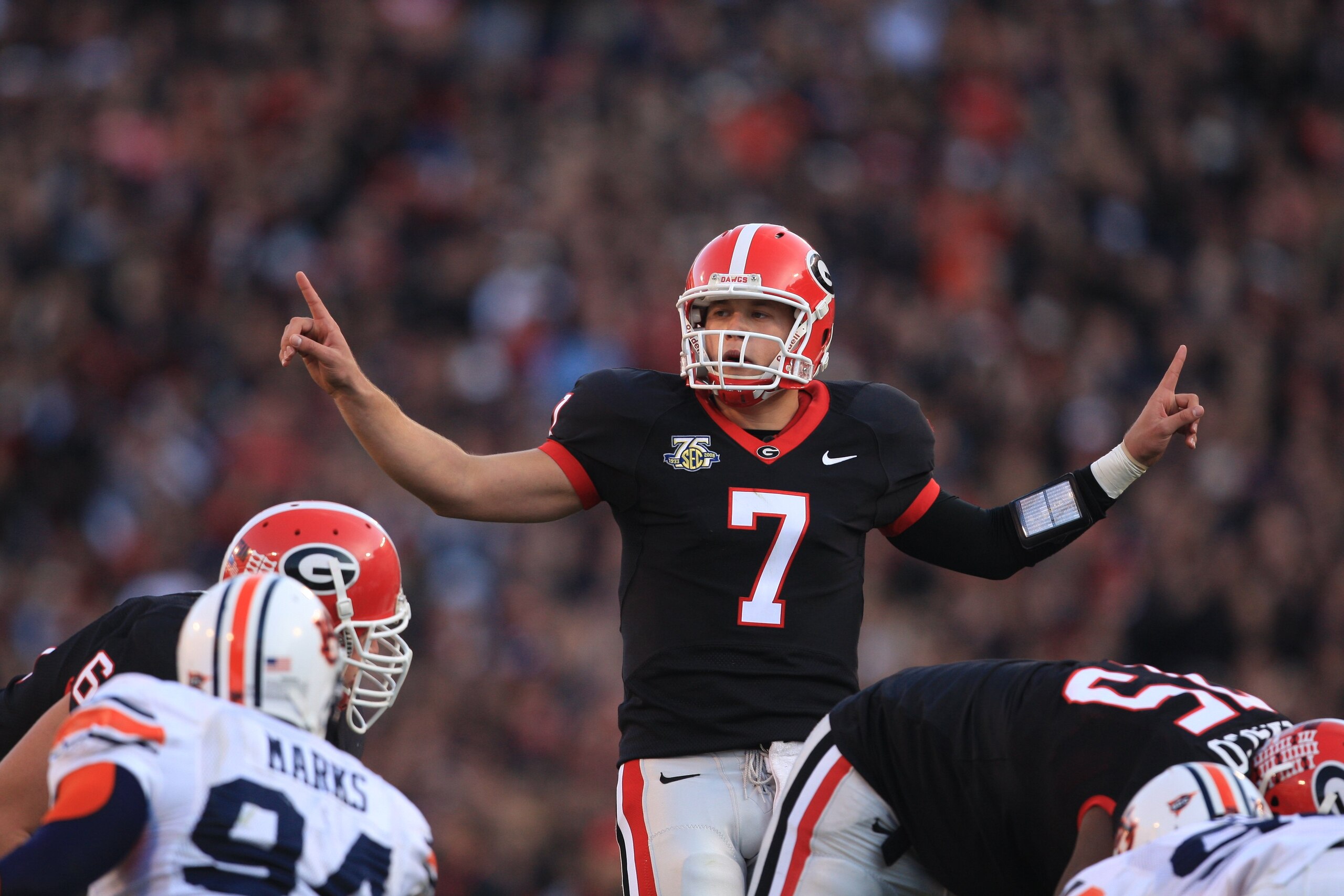 ATHENS - NOVEMBER 10:  Matthew Stafford #7 of the Georgia Bulldogs signals during the NFL game against the Auburn Tigers at Sanford Stadium on November 10, 2007 in Athens, Georgia. (Photo by Streeter Lecka/Getty Images)